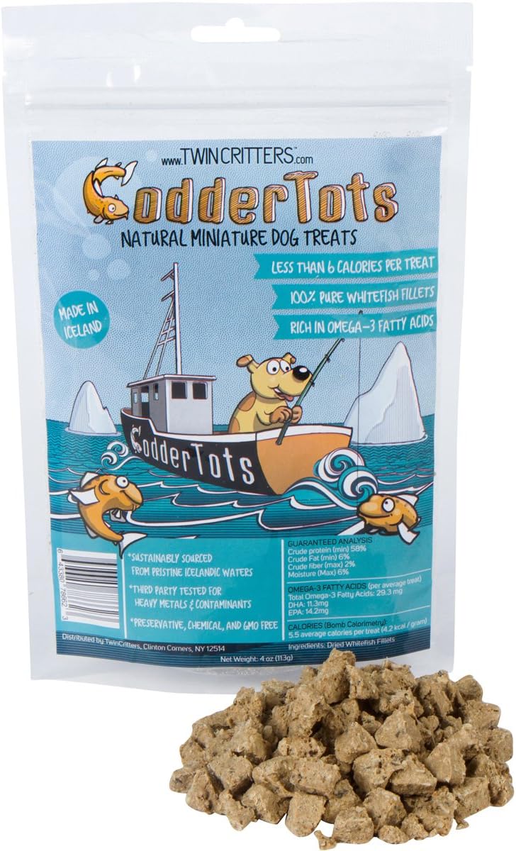 Pets Primal Pawfectchow CodderTots Natural Low Calorie Dog Treat - 100% Pure Icelandic Whitefish Fillets - Healthy Rich in Omega-3 Fatty Acids by TwinCritters - 4oz