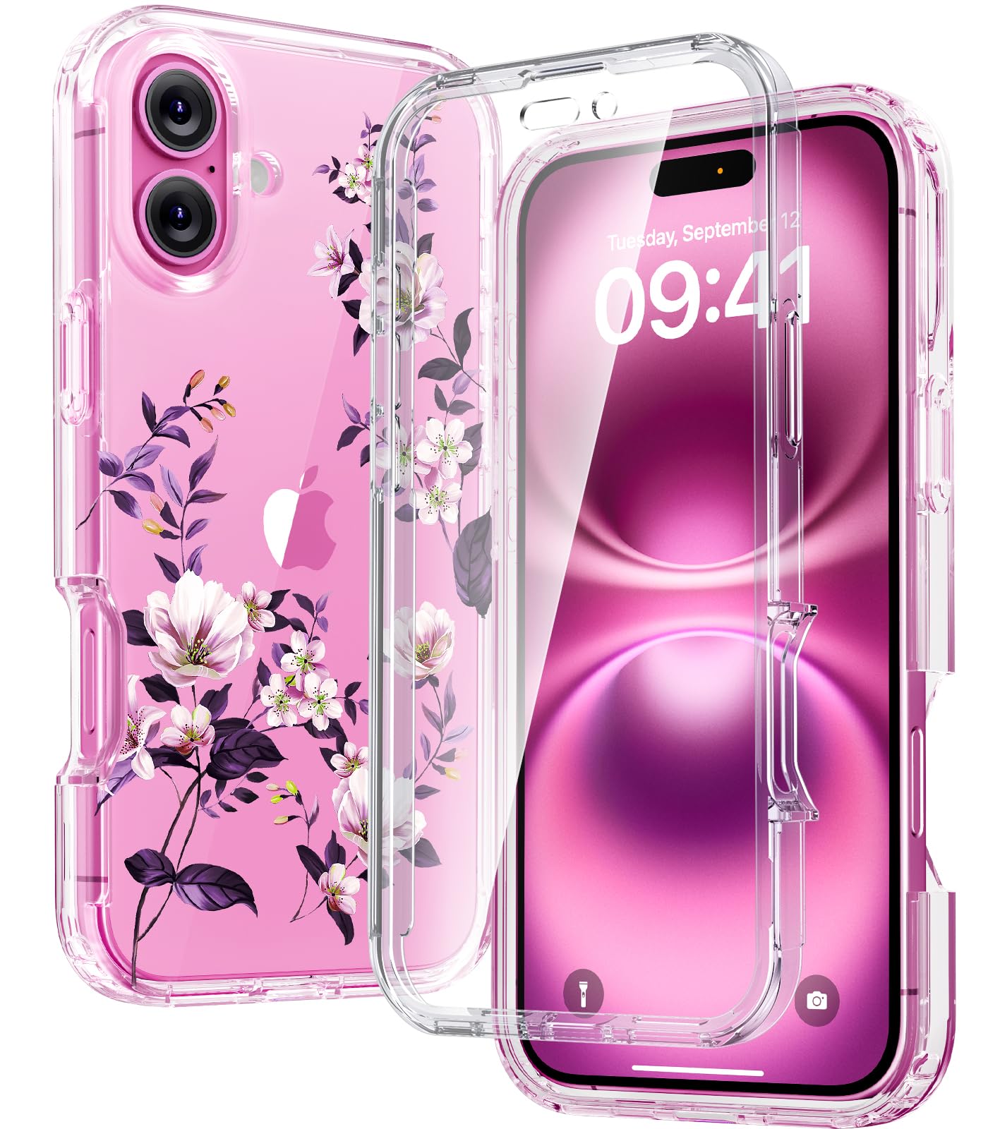 Diaclara Designed for iPhone 16 Case, Full Body Rugged Case with Built-in Touch Sensitive Anti-Scratch Screen Protector, Upgraded [Full Camera Protection] for iPhone 16 Holsters 6.1" (Clear Flower)