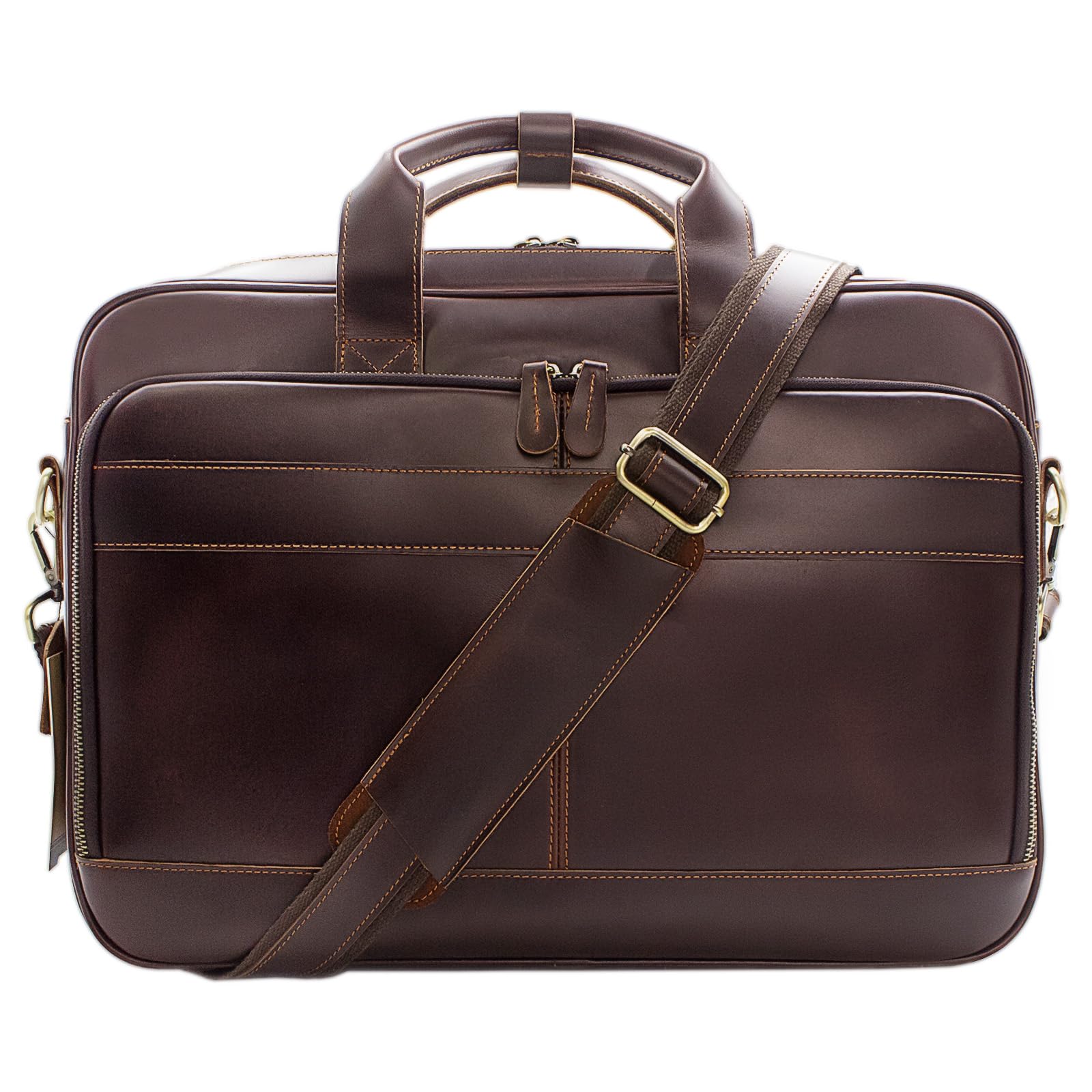 Jack&amp;Chris Full Grain Leather Briefcase for Men, Business Messenger Bag Laptop Bag Attache Case, Fits 15.6 Inch Laptop