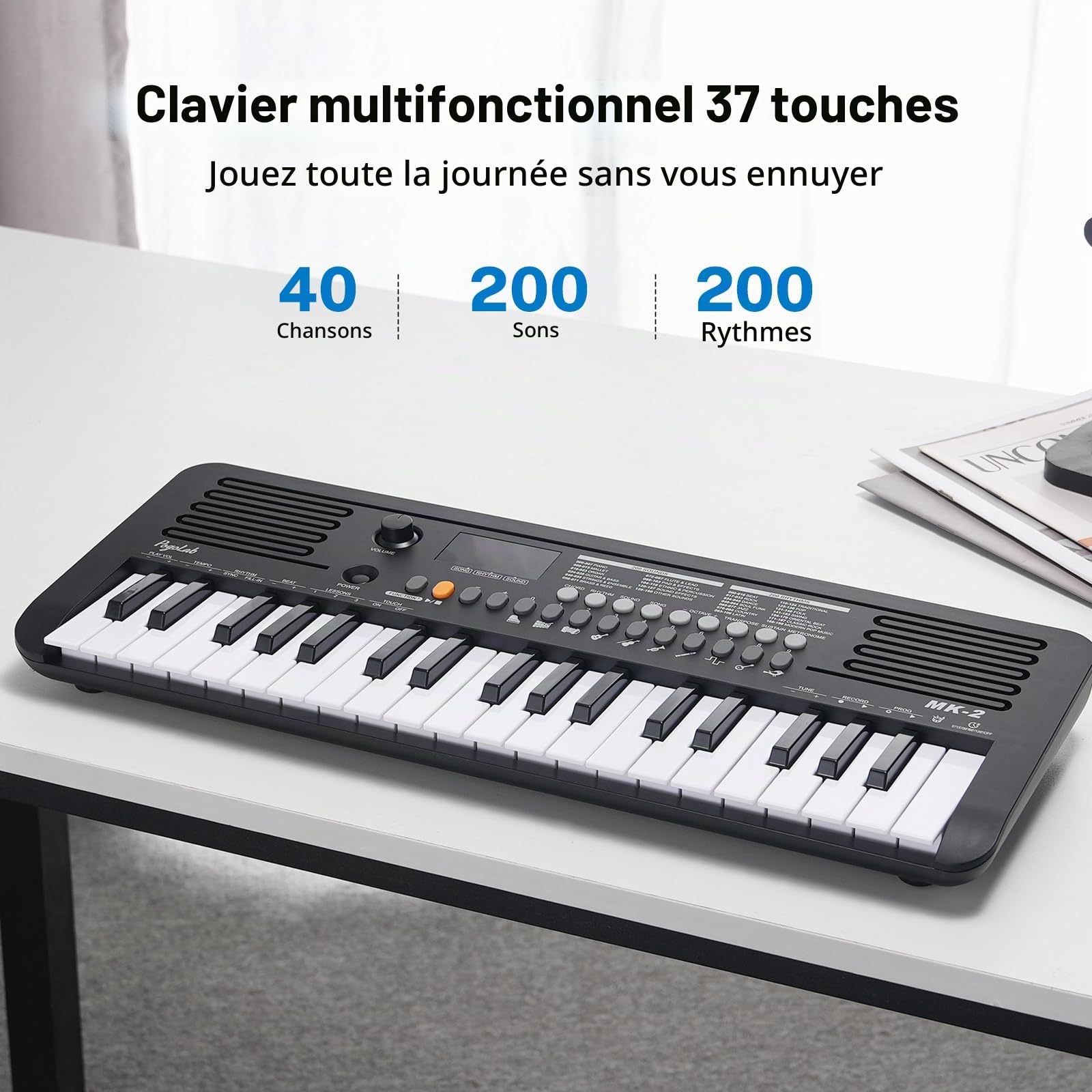 POGOLAB MK-2 Mini clavier 37 touches pour enfants avec 40 chansons/200 sons/200 rythmes, fonction MIDI, écran LED, double haut-parleur, claviers électroniques portables pour débutants/adultes, noir