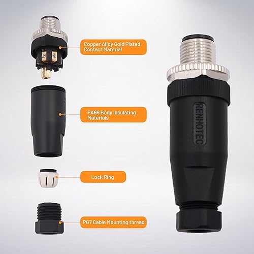 Miniatura 72 de Elecbee Conector de cable M12 Circular Impermeable Enchufe de Aviación Terminación de Tornillo Instalable en Campo Desapantallamiento Recto
