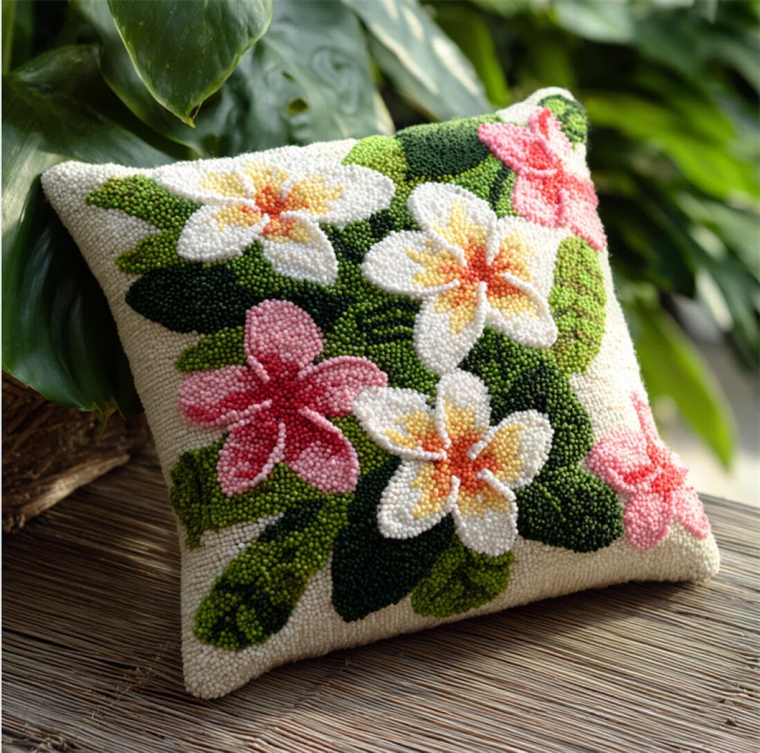 Kitquiver Latch Hook Craft Kits Colorful Frangipani Cushion Pillow Front Chunky Cross Stitch Kits DIY Embroidery Needlepoint Kit for Home Décor 17x17In