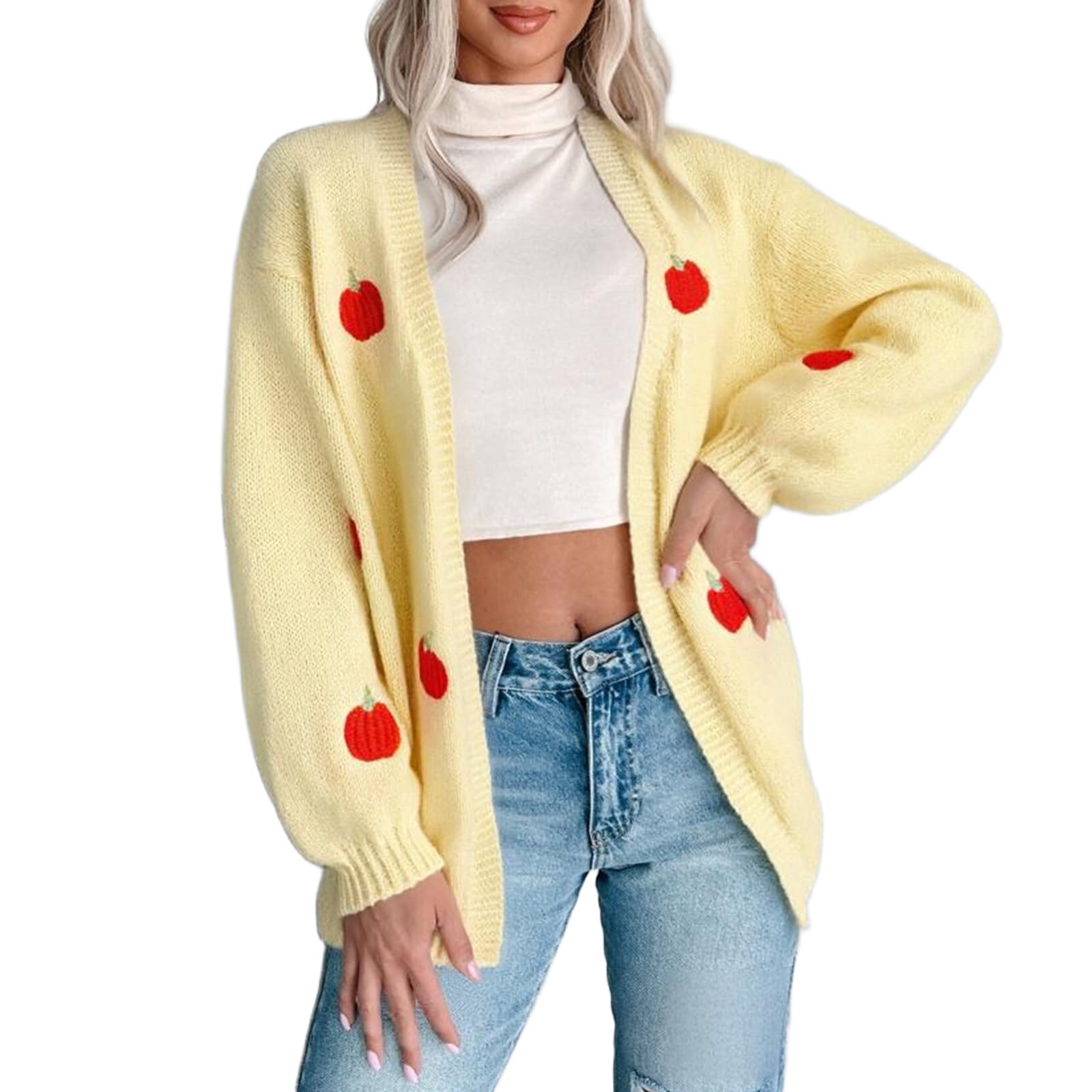 Women's Halloween Pumpkin Knit Cardigan Long Sleeve Open Front Knitted Sweater Fall Outwear Coat Tops