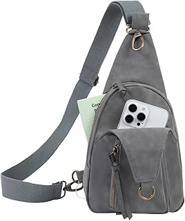 FaroDor Women Small Crossbody Sling Bags PU Leather Suede Chest Bag Lightweight Small Backpack for Casual Traveling Multi-Pocket Packs (Grey)