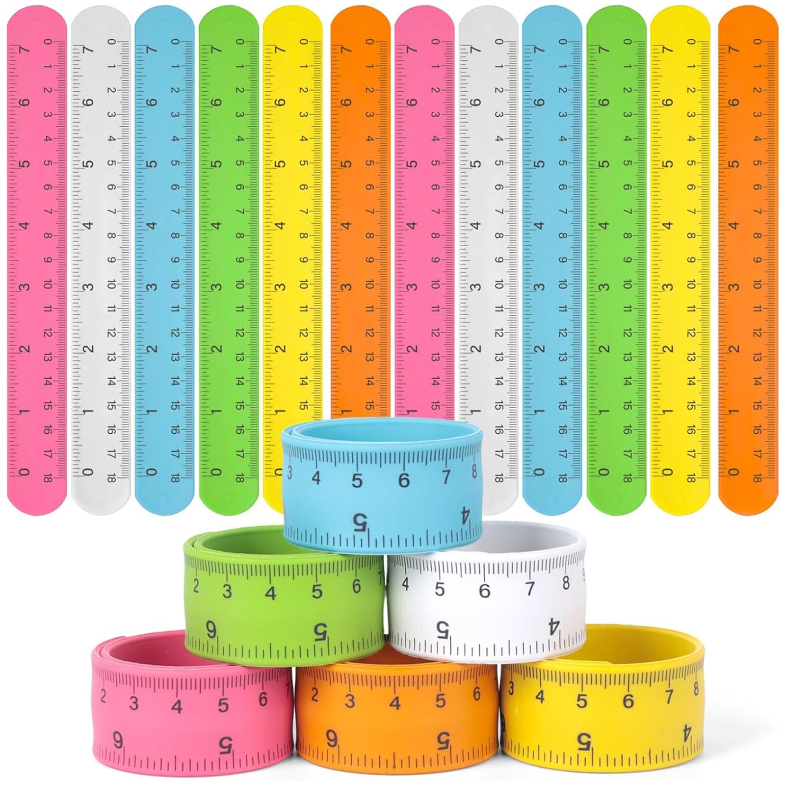 LovesTown 12PCS Ruler Slap Bracelets, Colorful Silicone Snap Bracelets Wristband with Scale for Kids Gifts Party Favors Classroom Prizes