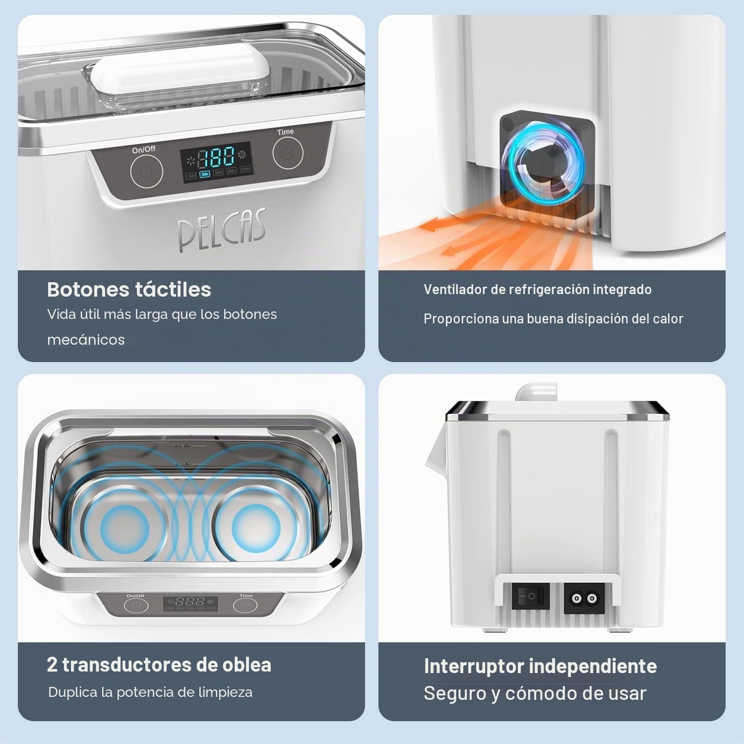 PELCAS Limpiador Ultrasonidos con Transductores Duales Limpiador Ultrasónico 800ML 42KHz con Pantalla Táctil y 5 Configuraciones de Tiempo para Anteojos, Relojes, Joyas, Dentaduras Postizas