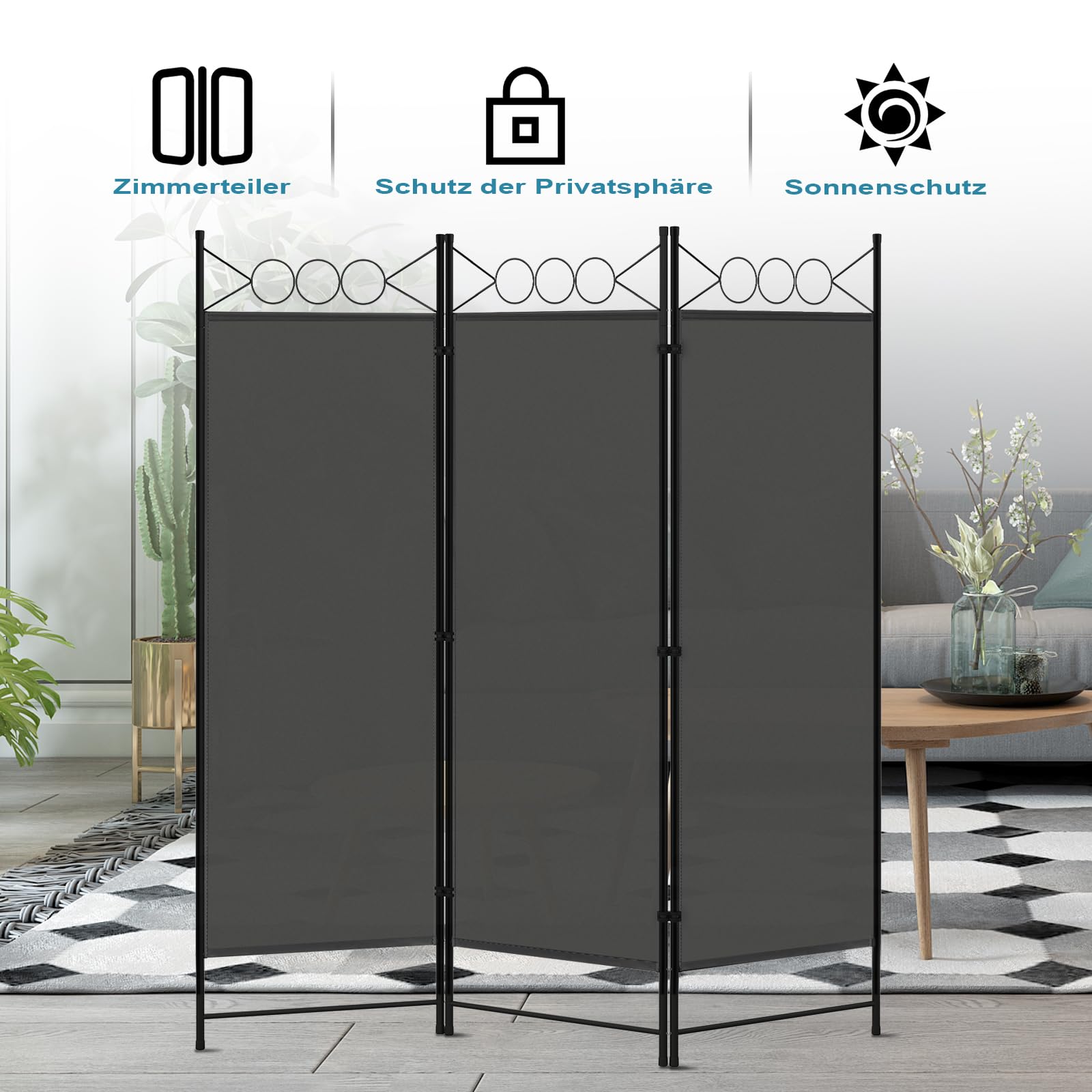 WOLTU Paravent 3 Teilig 167 x 172 cm, Raumteiler klappbar freistehend Sichtschutz, Raumtrenner innen Outdoor Garten Balkon Büro, Dunkelgrau
