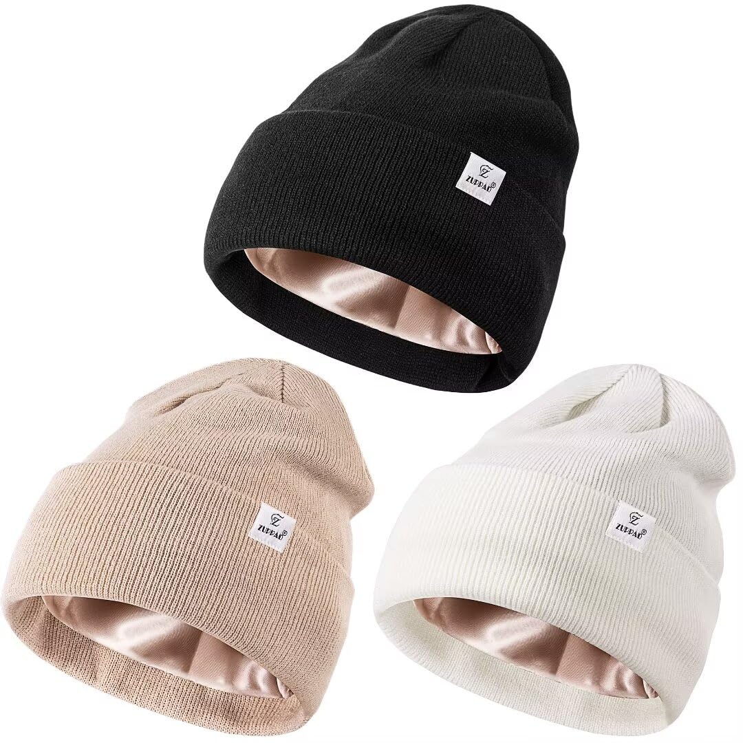 3 Pack Women\'s Satin Lined Knit Soft Winter Beanie Hats 3 Pack Satin Lined Beanie for Women, Warm Slouchy Winter  main image 3