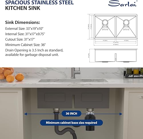 Vista 49 de Sarlai Fregadero doble de 33 piezas para empotrar - Fregadero de cocina de 33 x 19 pulgadas, acero inoxidable de calibre 16, esquina redonda, doble