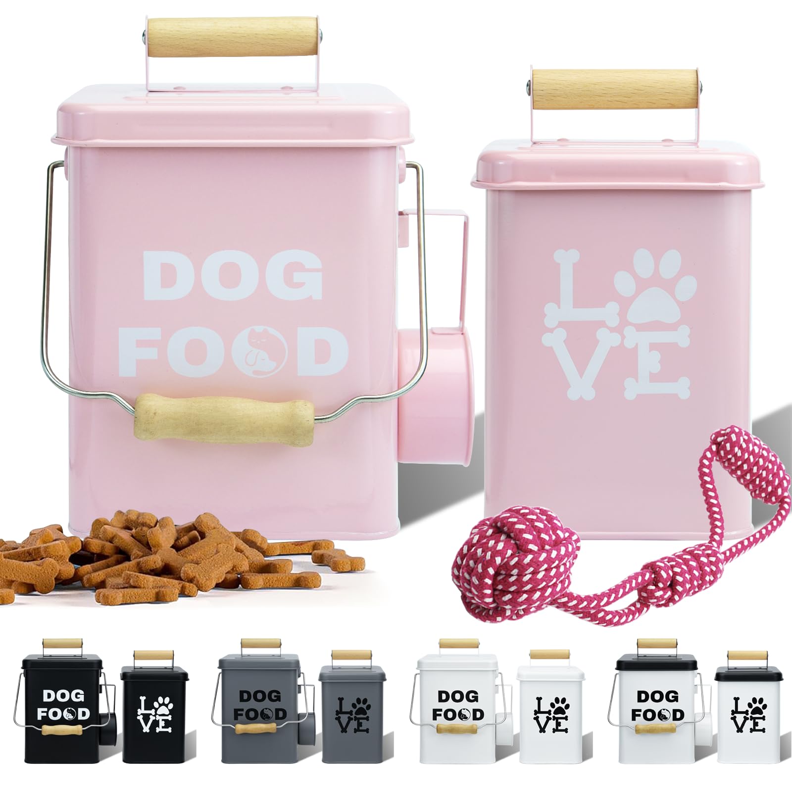 NIXBYO Metal Dog Treat Container Set of 2-9.5x5.9In & 8.6x5In Pink Dog Treat Jars with Airtight Lids, Includes Scoop & Dog Toy - Pet Treat Canister, Dog Cookie Jar, Treat Storage for Kitchen Counter