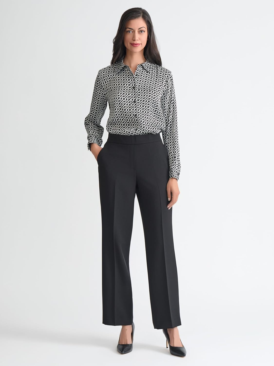 Kasper Womens Long Sleeve Geometric Print Satin Button-Down Shirt - Image 2