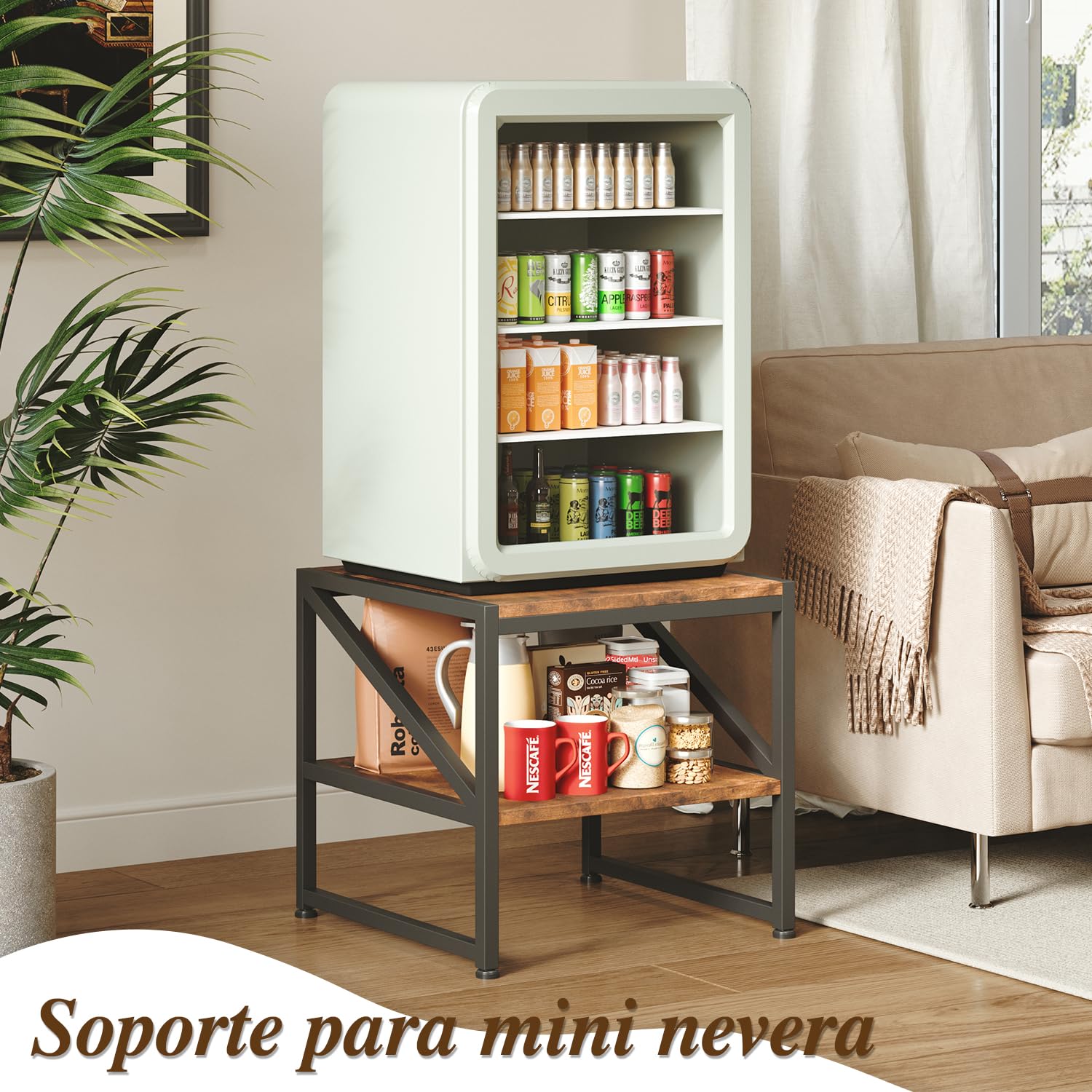 Beistelltisch Wohnzimmer 50x50 cm, Couchtisch mit 2 Ebenen bis 90 kg belastbar, Industrie-Design Sofatisch mit Metallgestell, Vielseitiger Mini Kühlschrank Ständer Aquariumständer Druckertisch, Braun