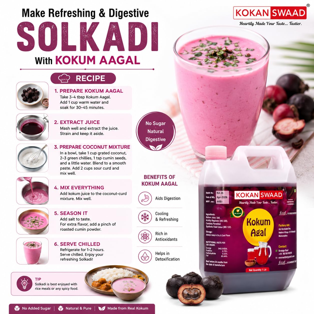 KOKANSWAAD Kokum Agal 1L | Natural Kokum Syrup Concentrate for Solkadhi & Sharbat | Traditional Maharashtrian Kokum Juice | Cooling Summer Drink 3