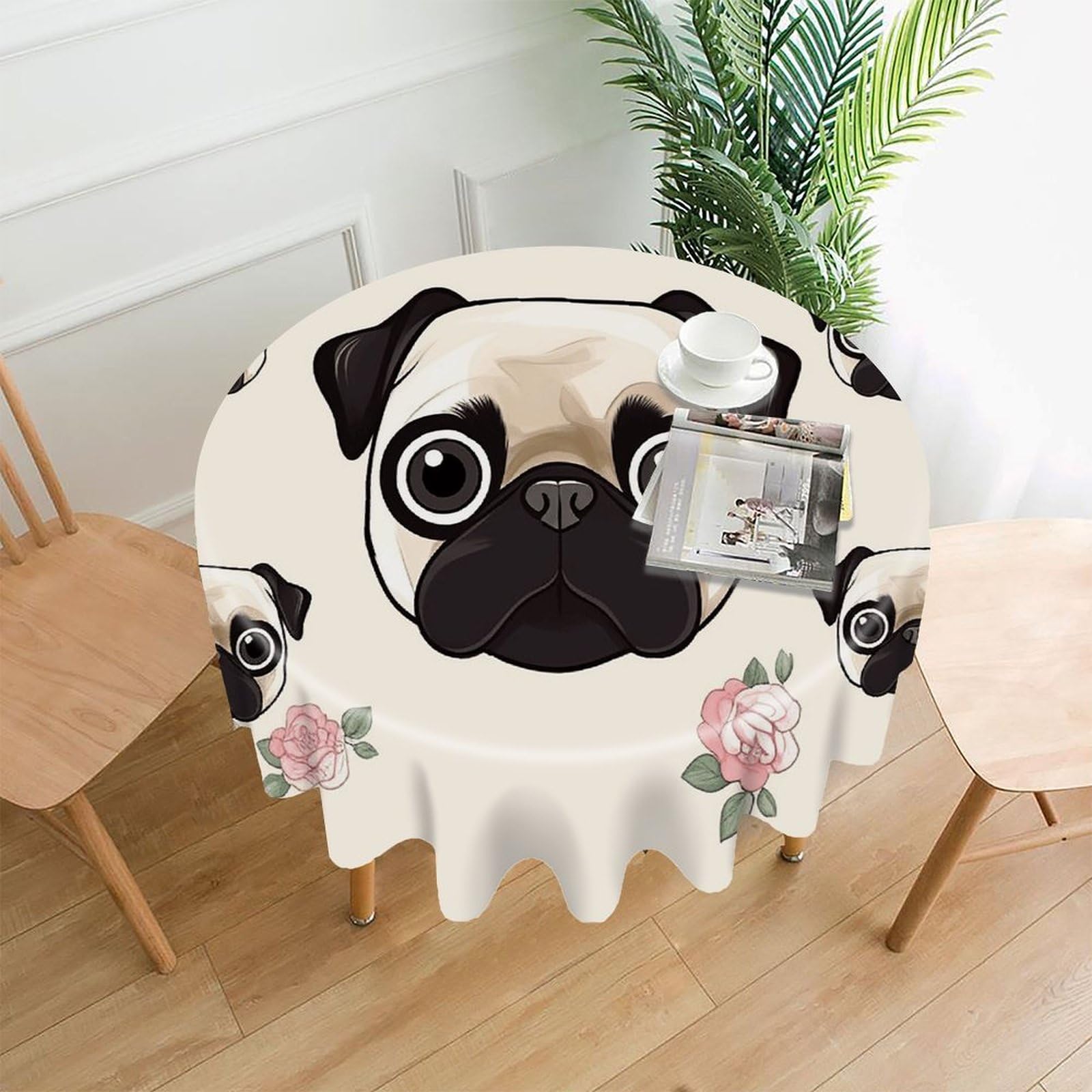 FekiLoot Round Line Pug Tablecloth Decorative Fabric Table Cloth Wrinkle Free Circle Dining Tablecover Washable Polyester Table Cover for Holiday Dinner Party Decor 60"