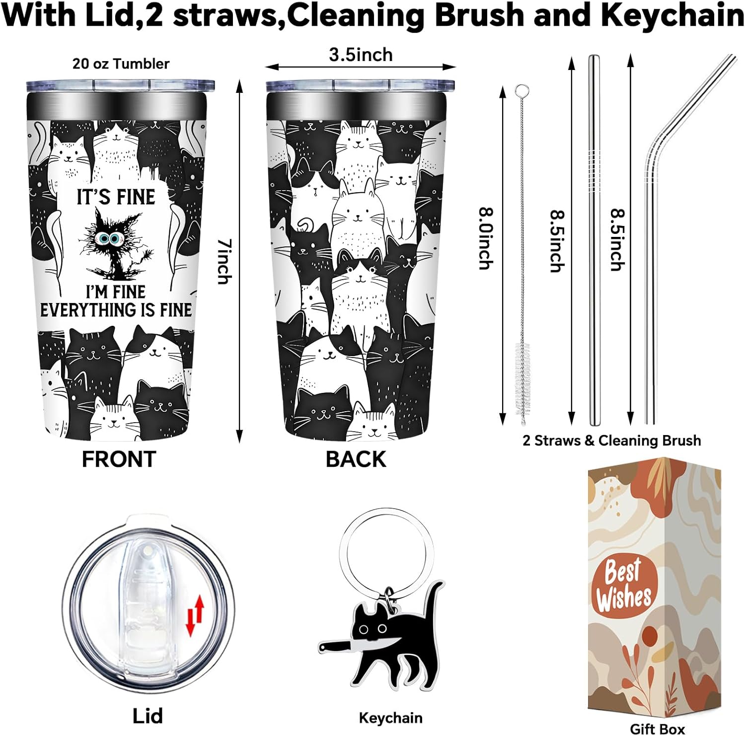 Grifarny Cat Lover Gifts for Women - Christmas, Birthday Gift for Cats Lovers - Black Cat Gifts - It's Fine I'm Fine Everything Fines Cat Tumbler Mug 20 oz - Image 2