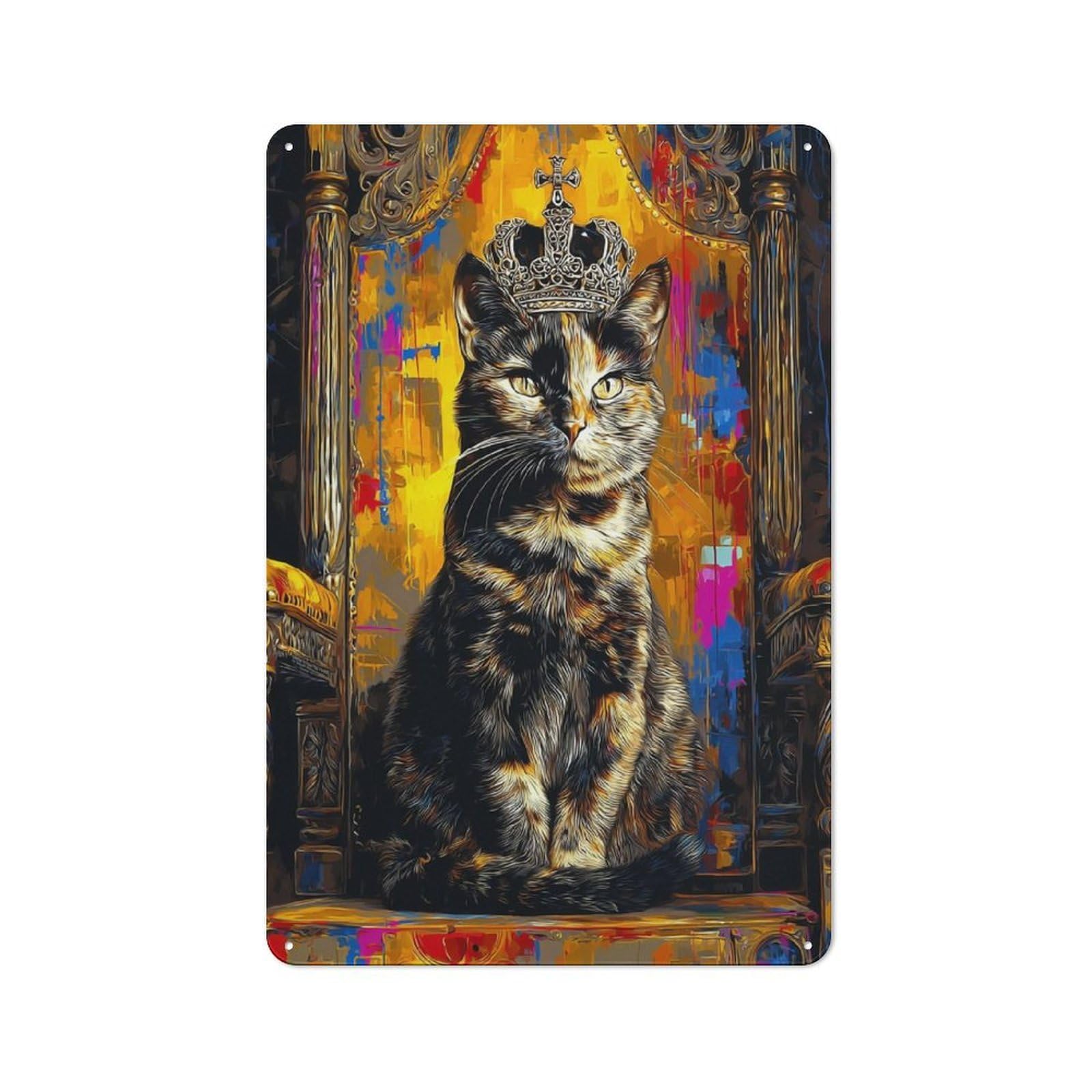 Junmoney Crowned Cat Majesty -1 Decorative Metal Plaque With Design 30X20cm, Modern Retro Studio Wall Art For Workspace, Cafe, Hallway Or Garage