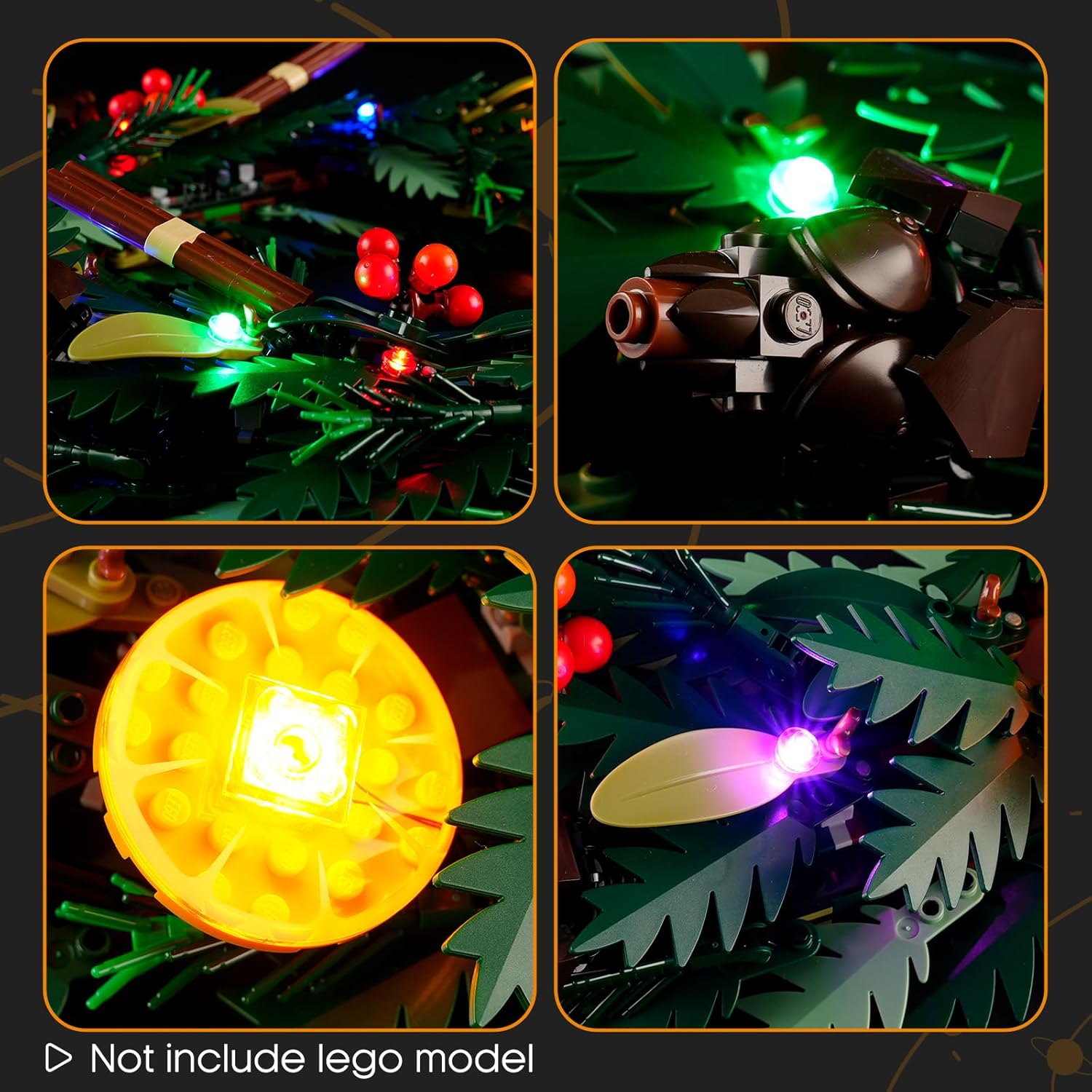 Close-up details of the LIGHTAILING LED lights on the Lego 10340 Wreath.