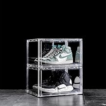 Stackable Plastic Shoe Box Organizer, Transparent Clear Magnetic Door, Fits US Size 12 (Tranparent, Pack of 2)