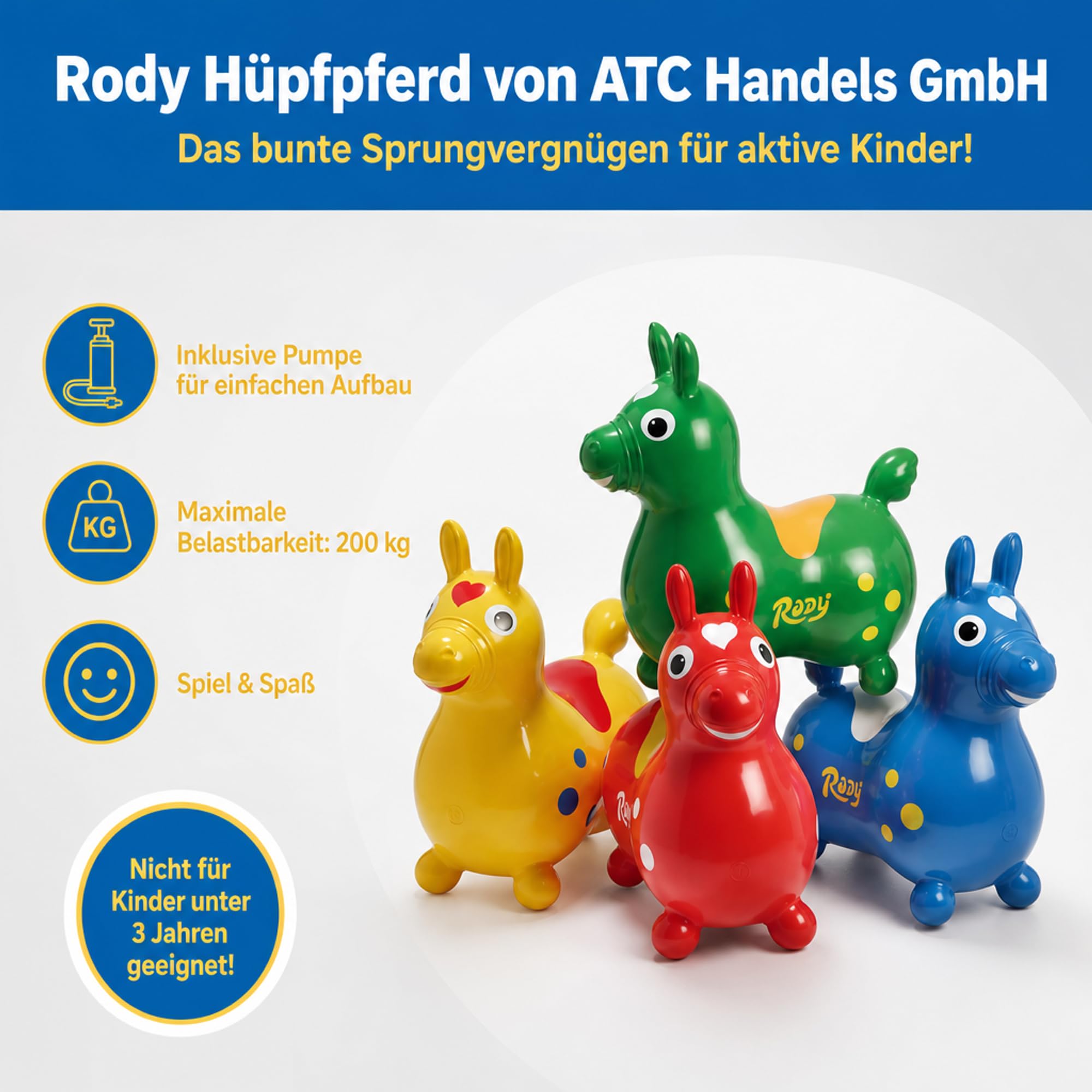 ATC Rody Hüpfpferd aufblasbares Hüpftier ab 3 Jahren Robustes PVC gelb