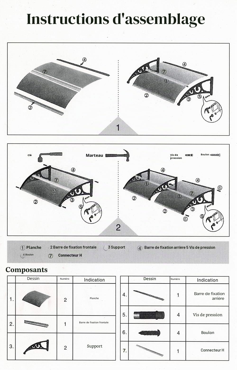 Auvent de Porte Aluminium,Auvent Marquise D'entrée D'entrée Résistante Toit Abri Contre La Pluie et UV Supports,Marquise de Porte d'entrée en Polycarbonate (60 * 100 cm (Marron))