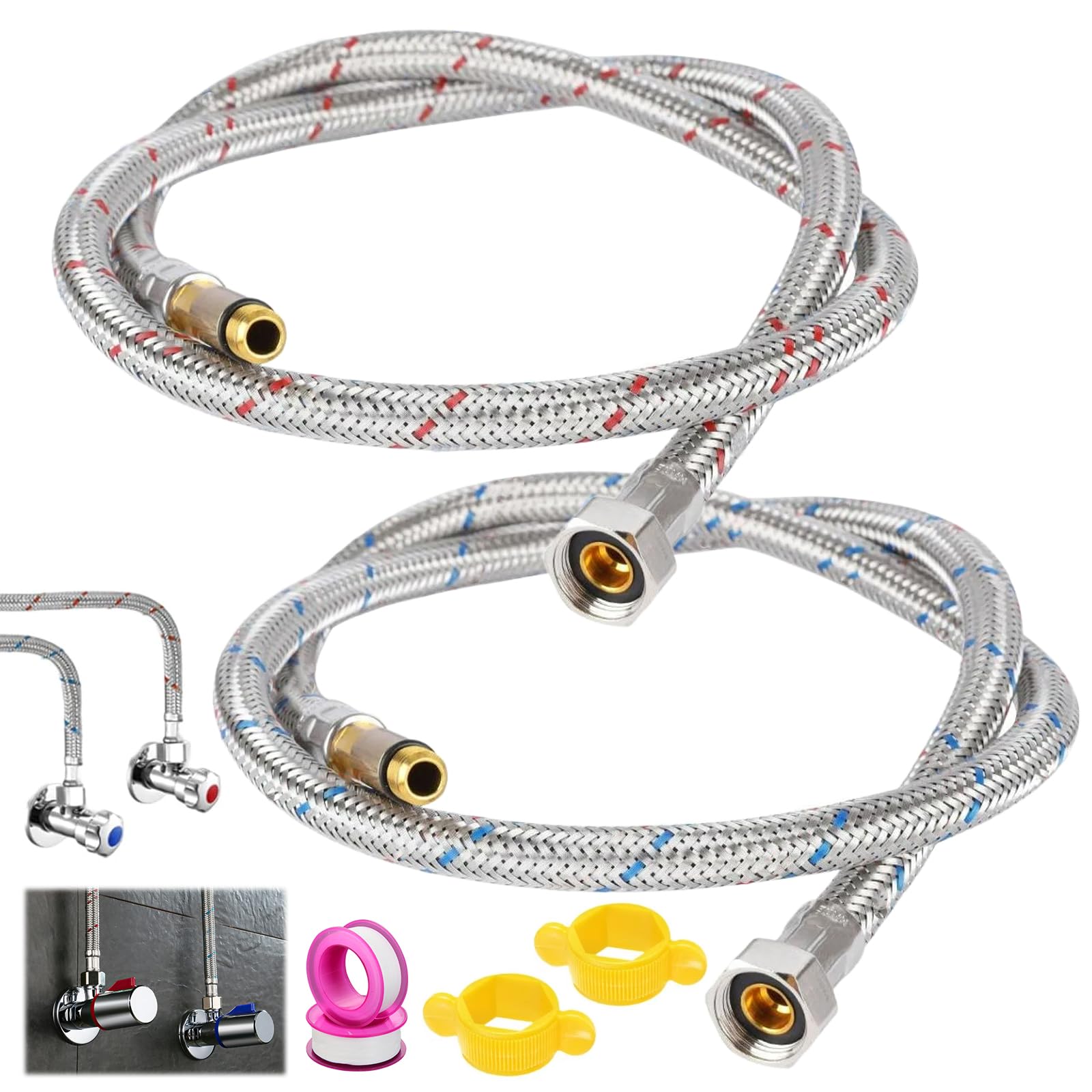 2 Pezzi 80 cm Flessibili per Miscelatori 20mm X 9.5mm, Acqua Calda e Fredda Tubo Flessibile del Rubinetto con Nastro di Tenuta, Acciaio Inox Intrecciato Flessibile Rubinetto Cucina per Cucine e Bagni