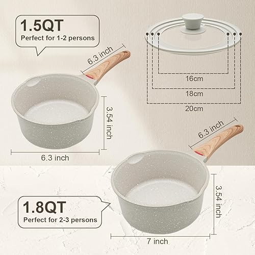 Miniatura 7 de Bobikuke Juego de sartenes antiadherentes de 1.5 cuartos y 1.8 cuartos con tapa, 4 ollas pequeñas para sopa con boquilla para cocinar compatibles