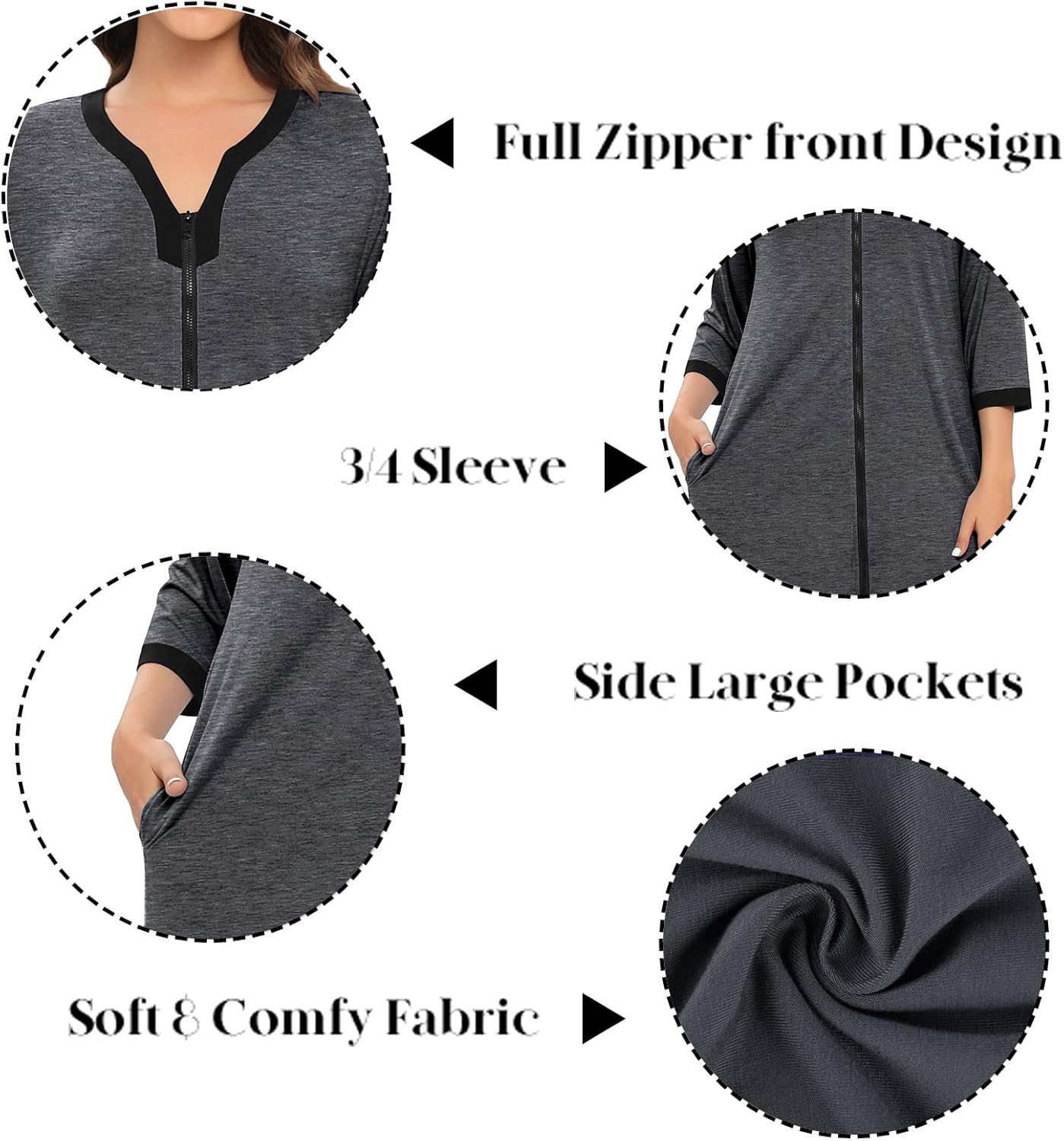 SWOMOG Women Zipper Robe Long Housecoat Zip Up Bathrobes Full Length Nightgown Loungewear with Pockets S-3XL - Image 6