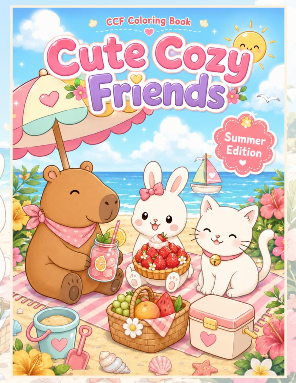 Cute Cozy Friends: Summer Edition Coloring Book: Bold and Easy Cute Animal Summer Coloring Pages with Moka the Capybara, Poppy the Bunny and Nori the Cat