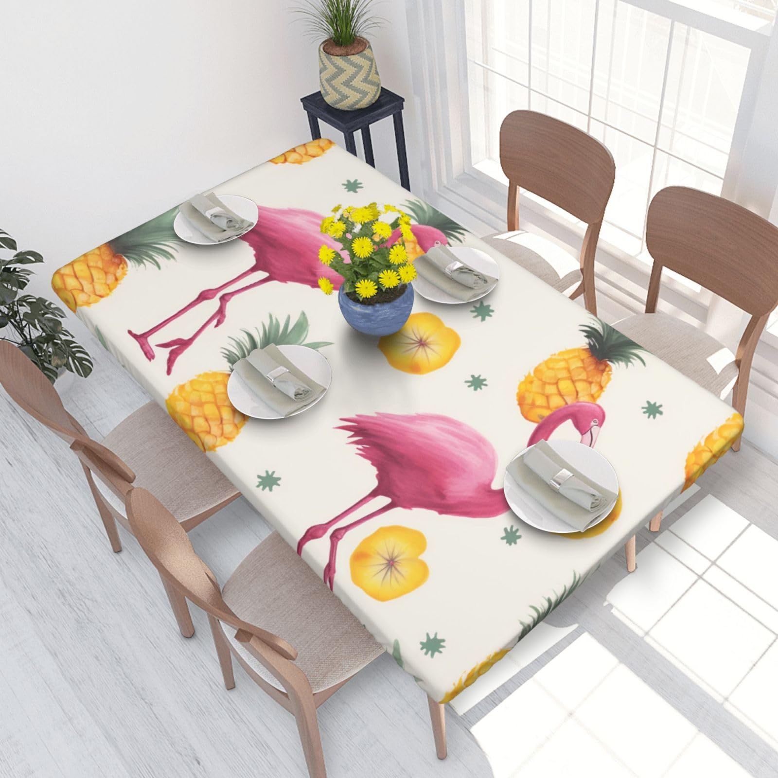 DCARSETCV Flamingo and Pineapple Printed 4FT Waterproof Tablecloth with Elastic Edged Protect & Decor Your Table, Oil-proof Washable Table Cloth Cover for Dinner Picnic Party