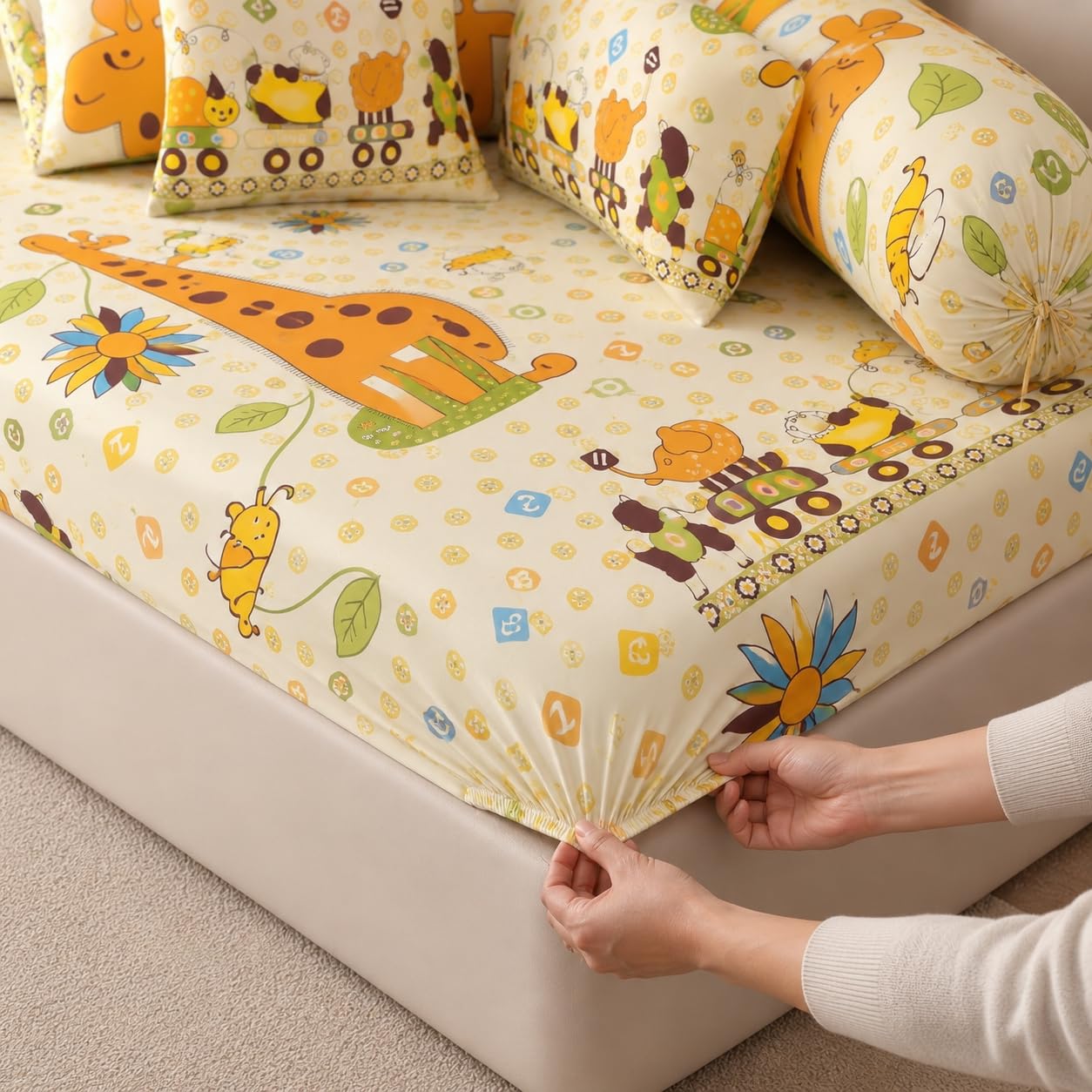 Filymore Yellow Giraffe Kids Fitted Diwan Set 8 Pieces β Microfiber Diwan Bedsheet Set with 5 Cushion Covers & 2 Bolster Covers | Soft Cartoon Giraffe Print Diwan Cover Set for Kids Room 1