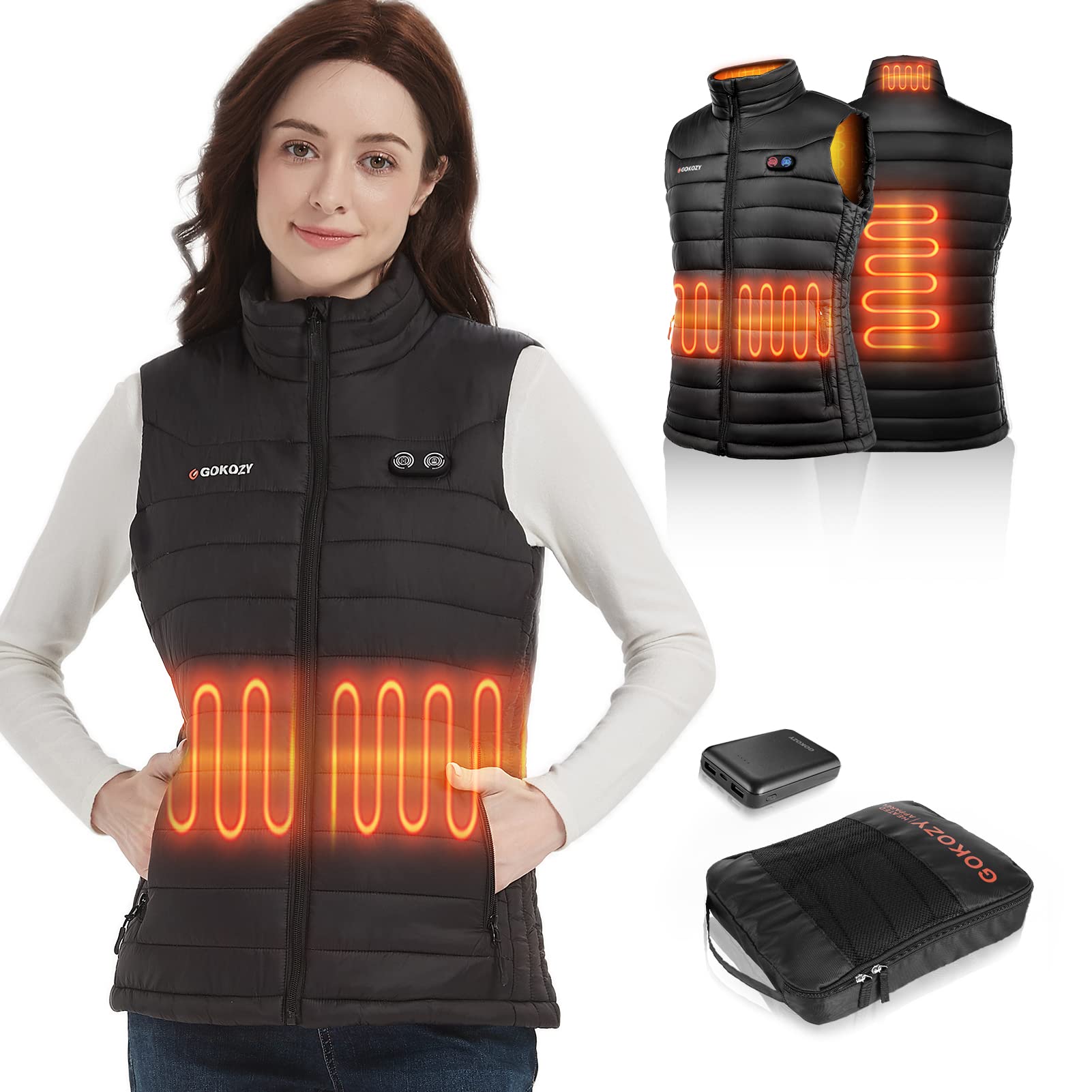 Gokozy Chaleco Calefactable Mujer con Batería 10000 mAh, 5 Zonas Grandes de Calefacción, Chaleco Térmico Eléctrico USB con 3 Niveles de Temperatura, Chaleco Ligero y Lavable para Invierno Exterior