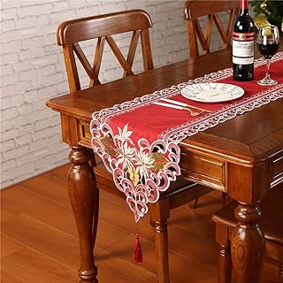 Sattiyrch Christmas Embroidered Table Runner, Luxury Poinsettia and Holly Table Runner for Xmas Decorations,15x69 Inch (Red)â€¦
