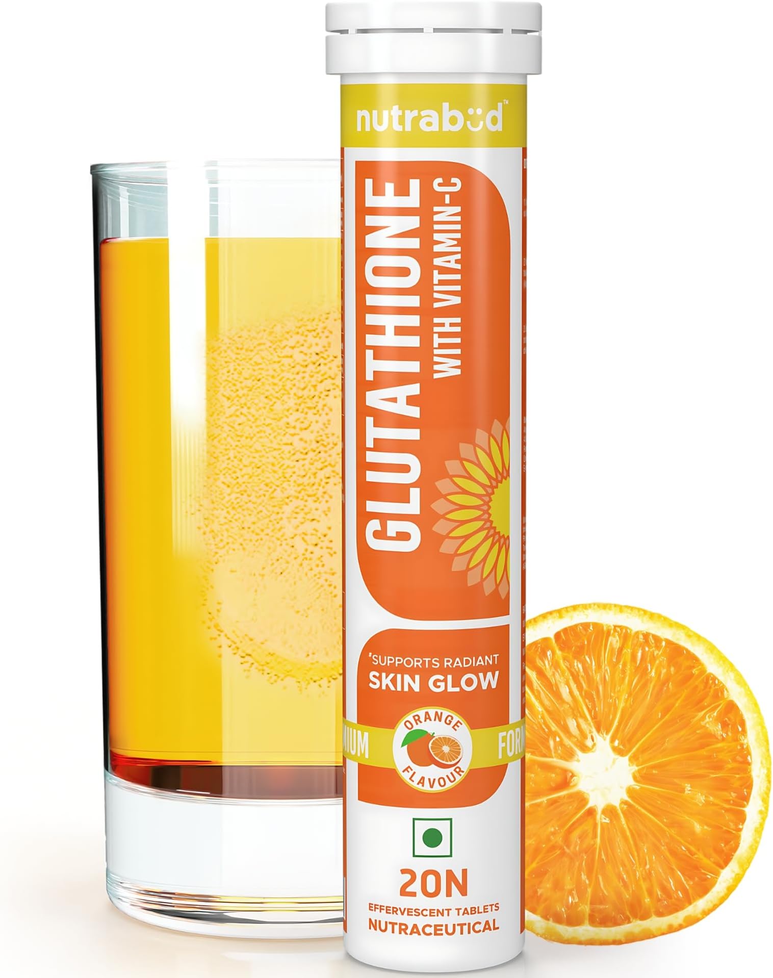 Glutathione Tablets 500mg with Vitamin-C - 20 Effervescent Tablets - Supports Radiant Skin Glow for Women, Men (Orange, 20 Count (Pack of 1))