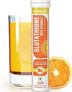 Nutrabud Glutathione Tablets 500mg with Vitamin-C - 20 Effervescent Tablets - Supports Radiant Skin Glow for Women, Men (Orange, 20 Count (Pack of 1))