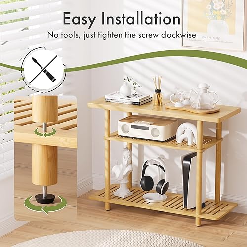 Miniatura 4 de Soporte de TV, centro de entretenimiento para hasta 32 pulgadas, estante pequeño de bambú de 3 niveles con almacenamiento abierto, soportes de TV