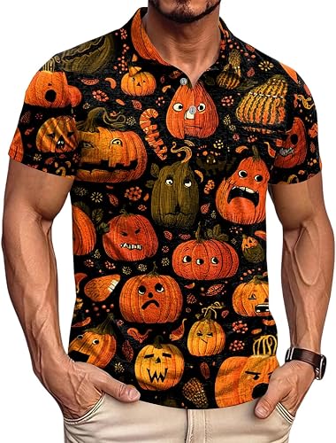 Halloween Costumes Polo Shirt for Men Spooky Skeleton Graphic Short Tee｜Vintage 