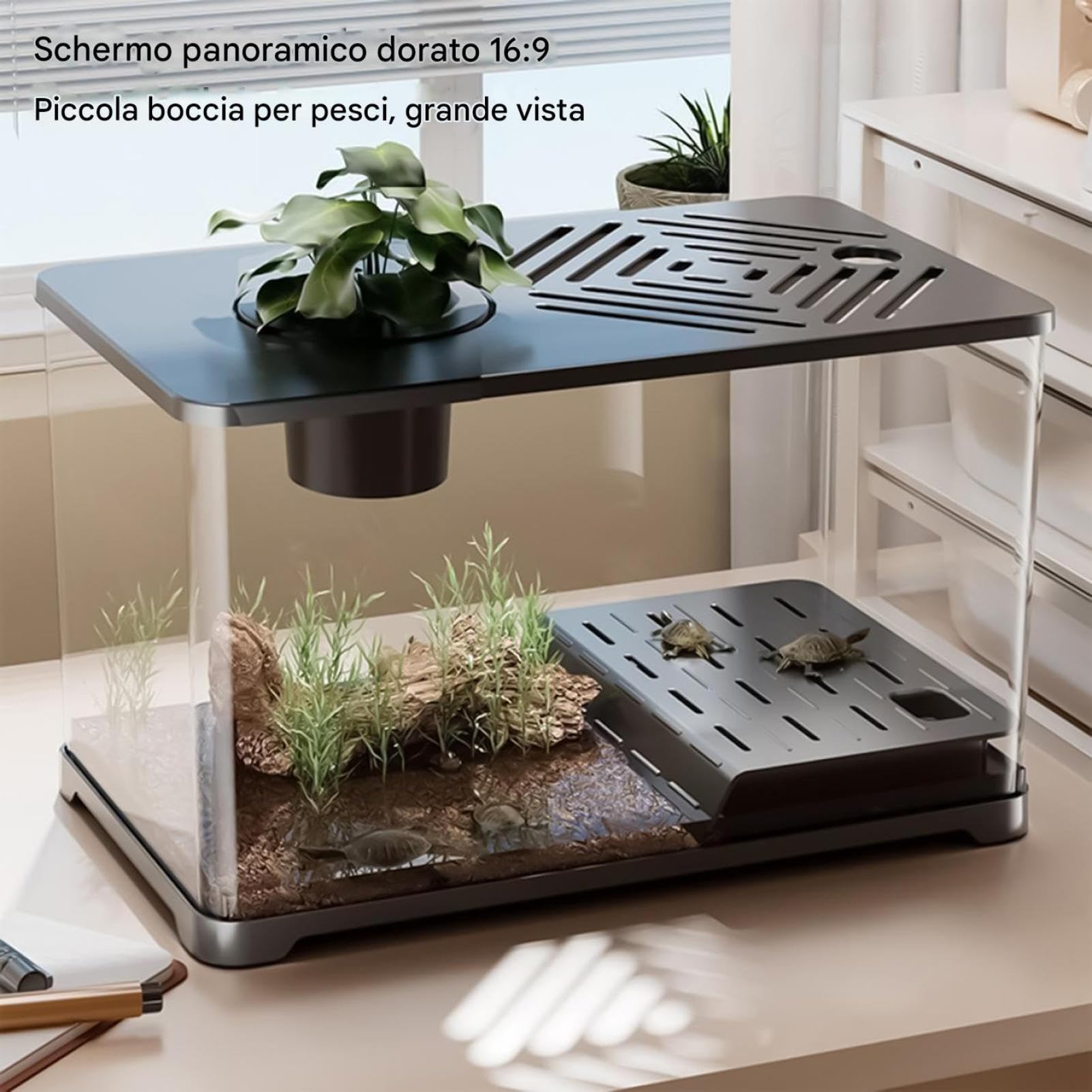 Fischbecken Großes Aquarium Set Tischaquarium | Modernes Becken mit Ruhezone für Schildkröten Zierdekor für Kampffisch Garnelen Aquarienpflanzen Tischzubehör