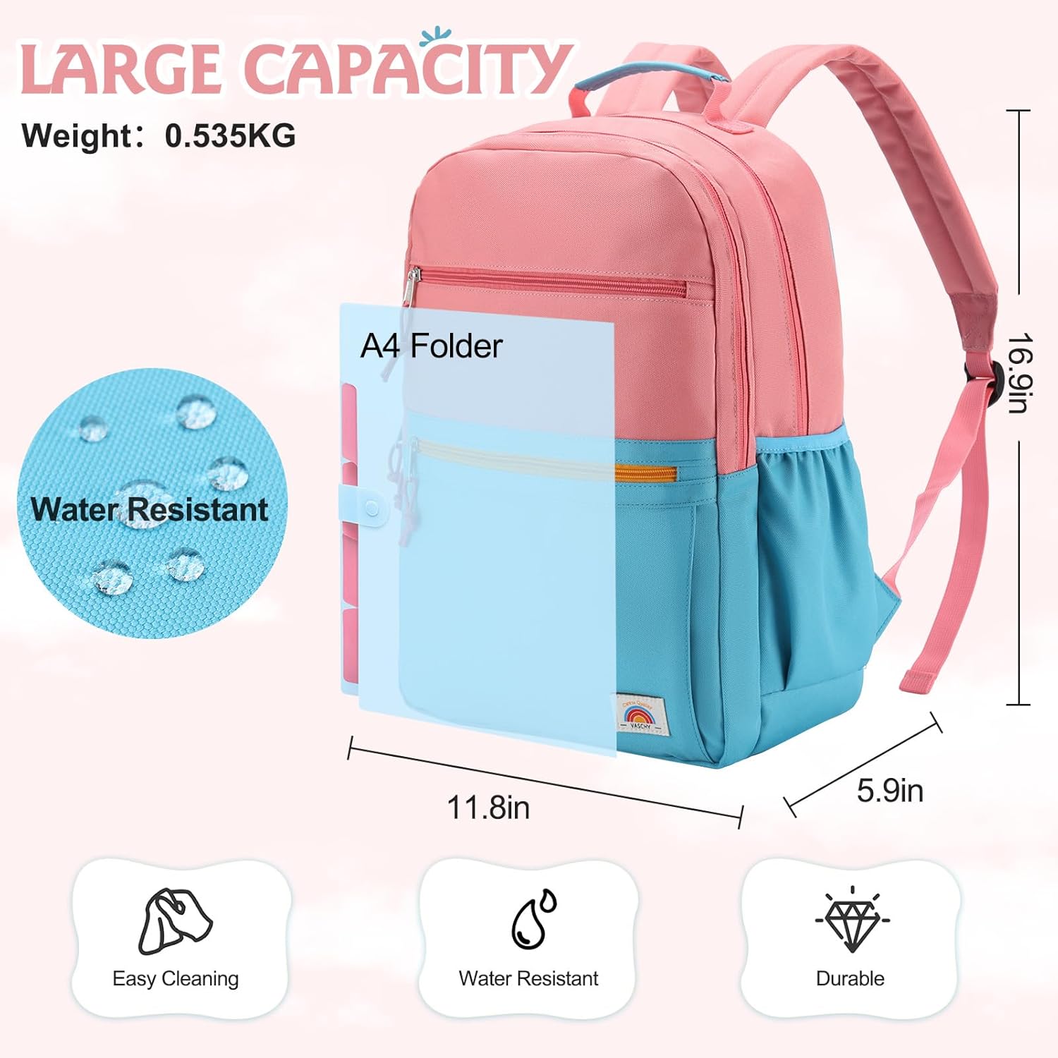 VASCHY School Backpack, Lightweight Classic Cute Aesthetic Bookbag Daypack for Teen Boys Girls Traveling/Gym/Middle School Pink Blue - Image 2