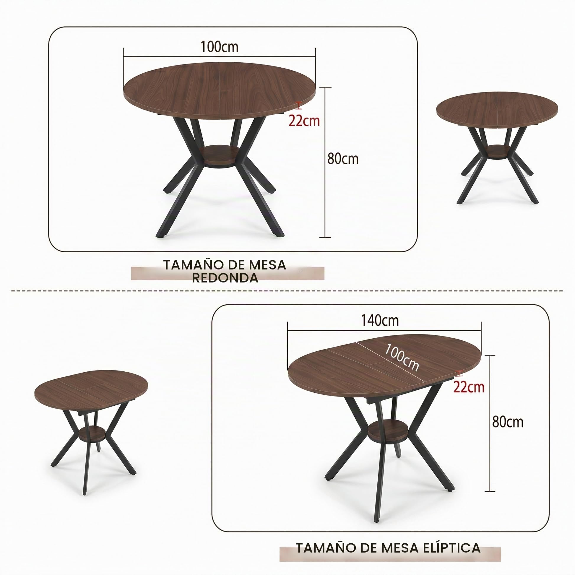 Mesa de comedor extensible que ahorra espacio, 100/140 x 80 cm. Diseño redondo, adecuado para 4 – 8 personas, estructura de metal, estable y fácil de limpiar, ideal para comedor y cocina (color nogal