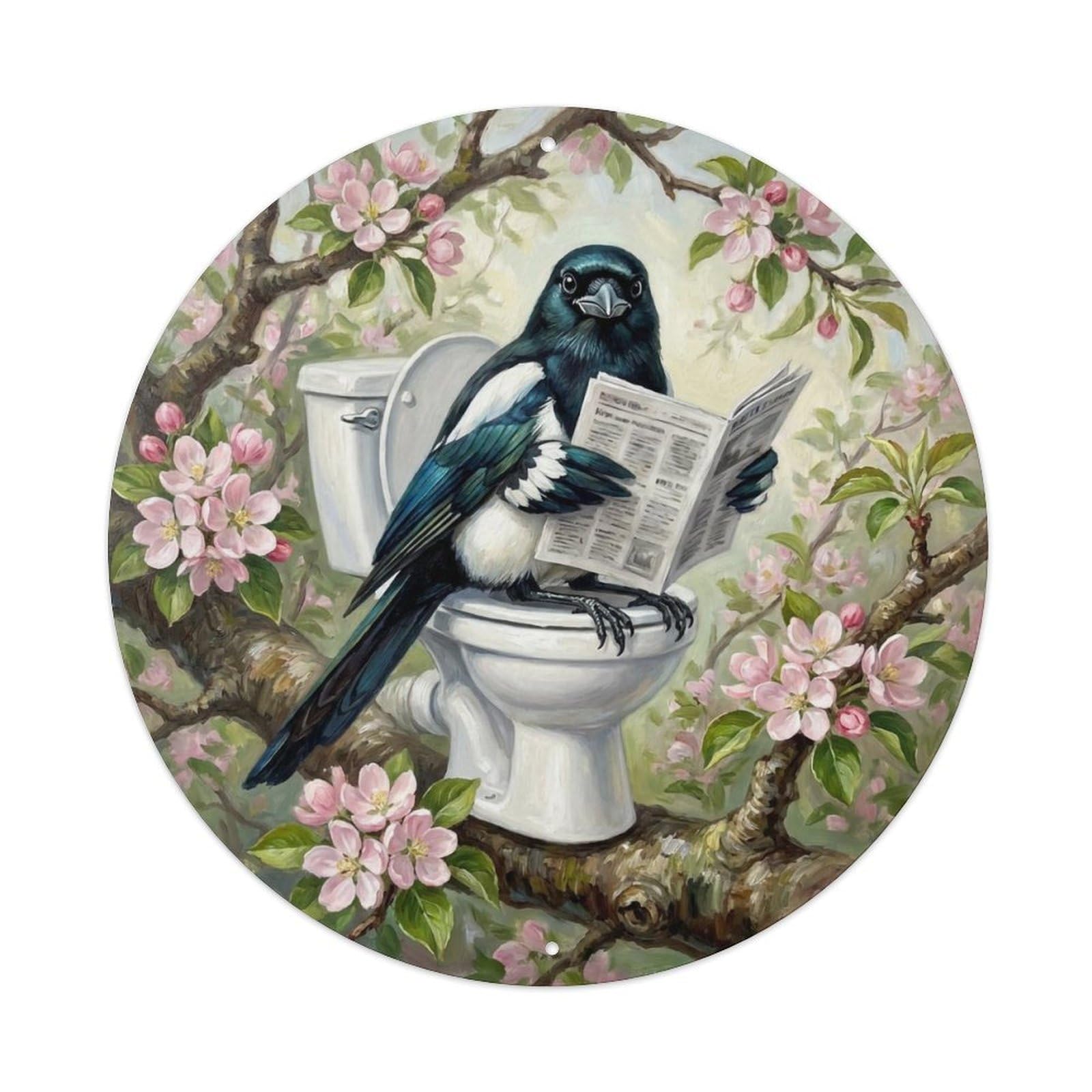 Magpie On Toilet Humorous Bathroom Orchard Branch Reads Metal Tin Sign