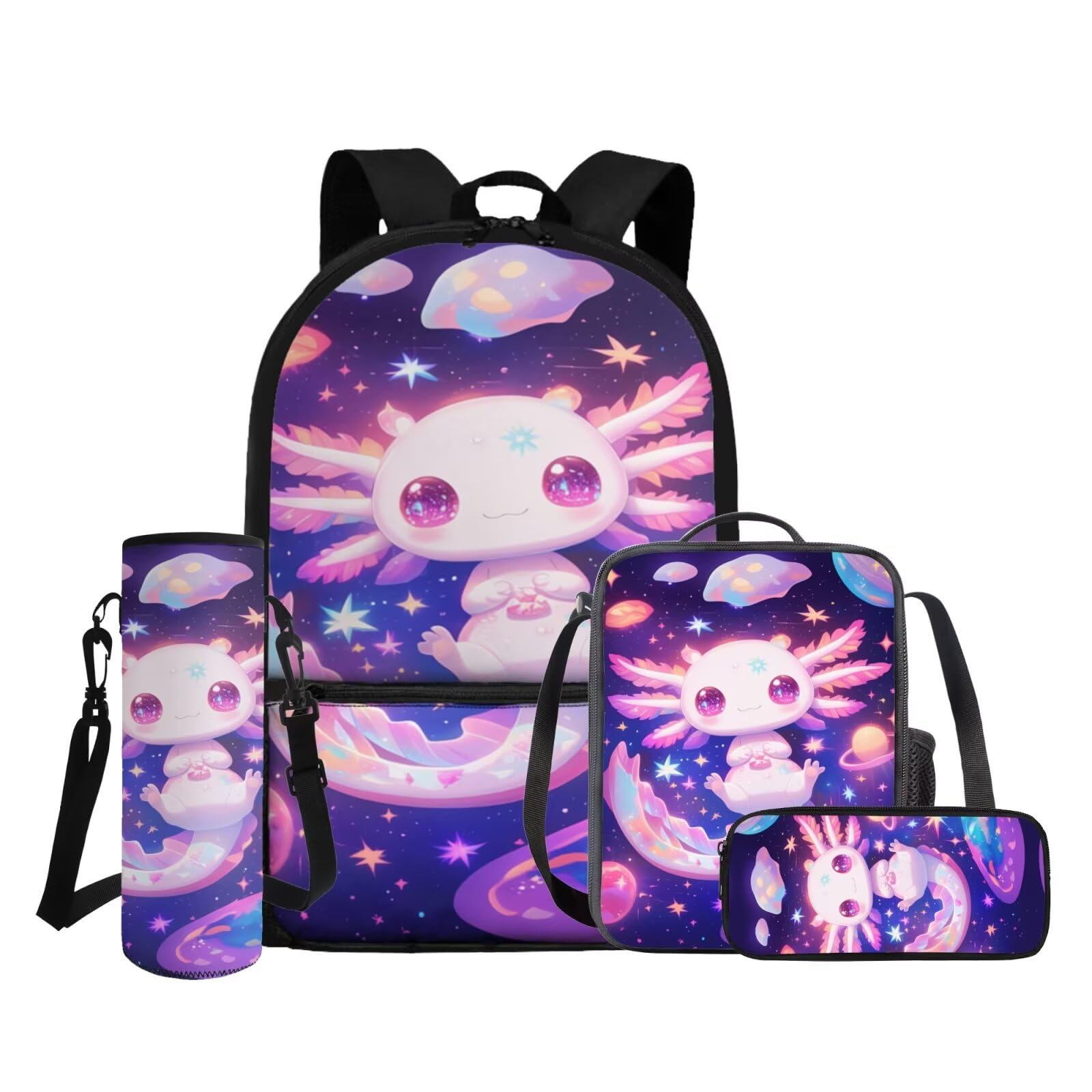 FANCOSAN Cartoon Axolotl Backpack for School Girls 10-12 Purple Galaxy Backpack with Lunch Box for Girls 4 in 1 Adjustable Strap Kids Bookbag Set for