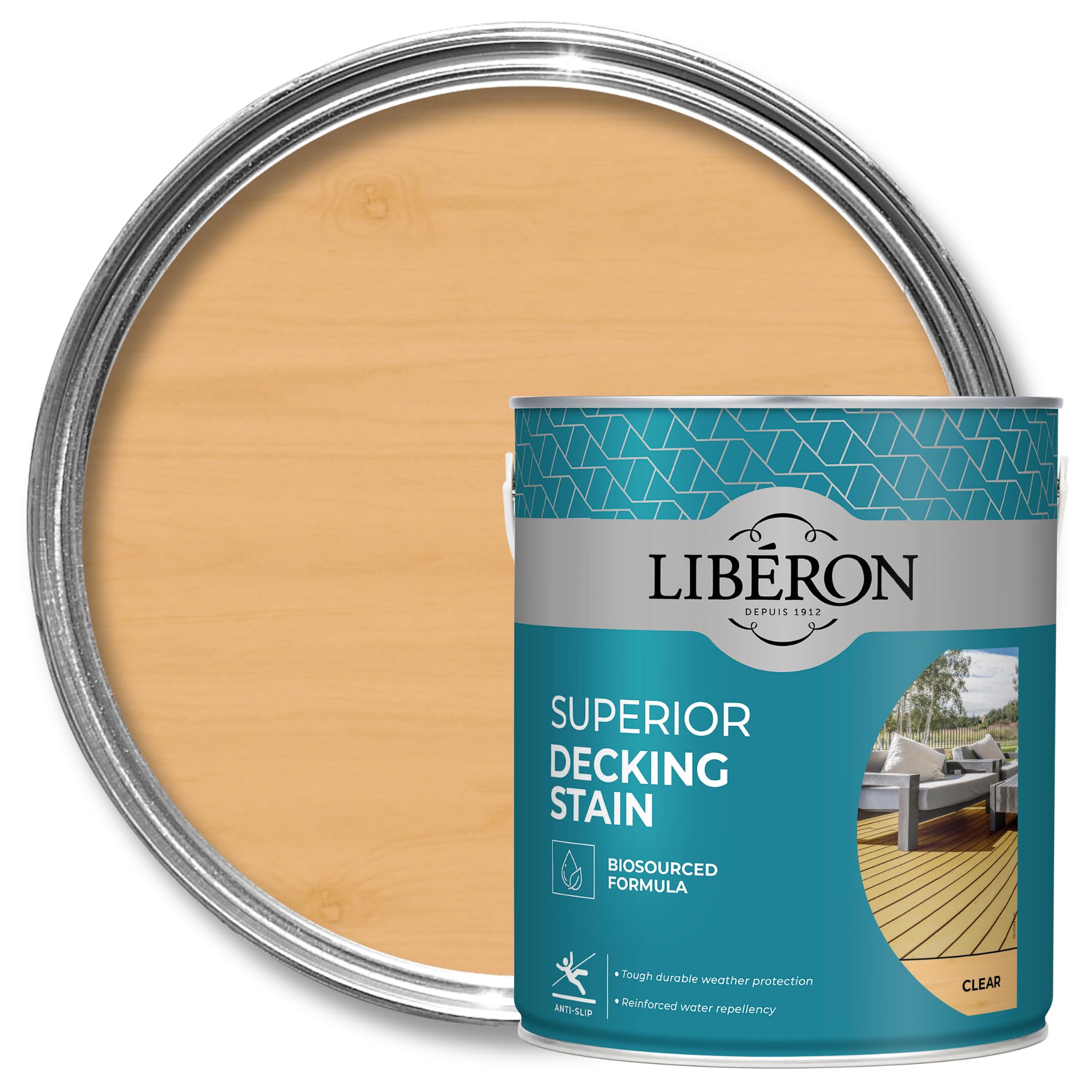 Libéron Superior Decking Stain - Durable Protection Against Extreme Weather - UV & Water-Resistant Finish - Anti-Slip - Biosourced Formula - Clear - 2.5 litres