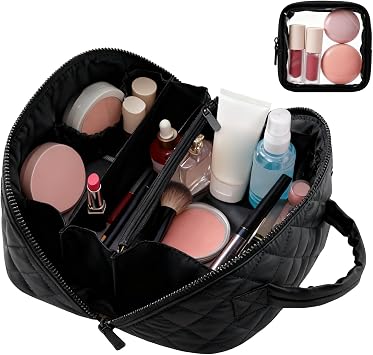 Makeup Bag Travel Toiletry Bag, Puffy Padded Make Up Bags for Women, Waterproof Cosmetic Organizer, Makeup Organizer Wide-open Pouch Purse, Travel Essentials for Toiletries Accessories Storage Black