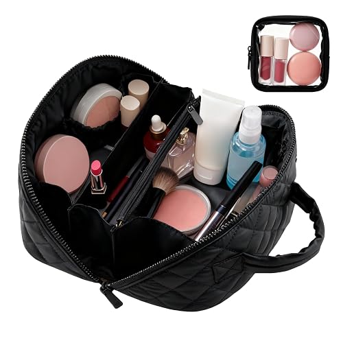 Makeup Bag Travel Toiletry Bag, Puffy Padded Make Up Bags for Women, Waterproof Cosmetic Organizer, Makeup Organizer Wide-open Pouch Purse, Travel Essentials for Toiletries Accessories Brushes (Black)