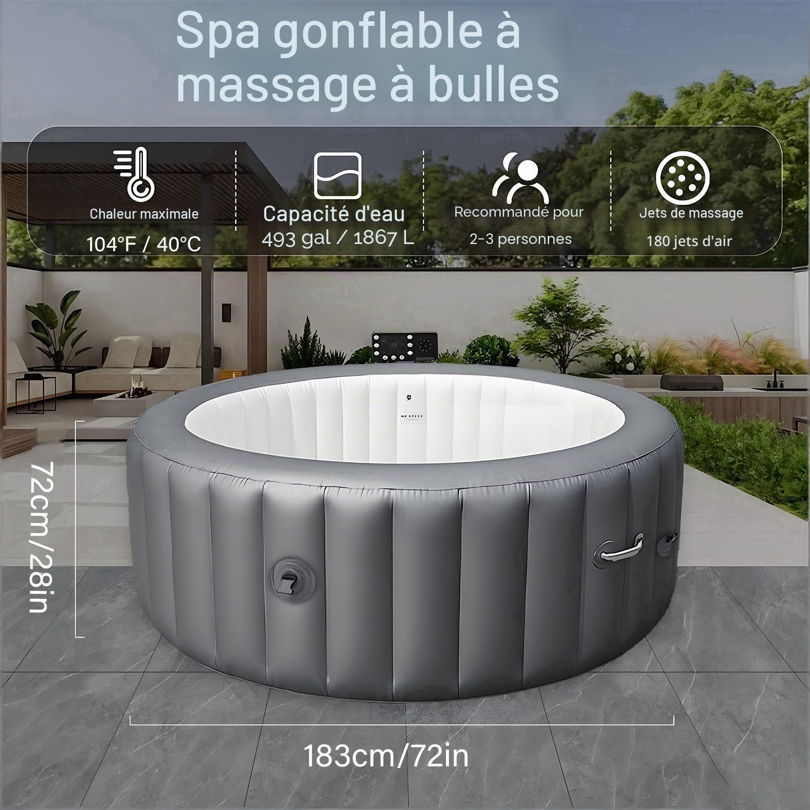 Spa Gonflable, Spa d‘Extérieur pour 2 à 6 Personnes, Bain à Remous Portable avec 180 Jets de Bulles Apaisants, Couverture et 2 Filtres Inclus, pour Piscine Spa d‘Intérieur et d‘Extérieur S