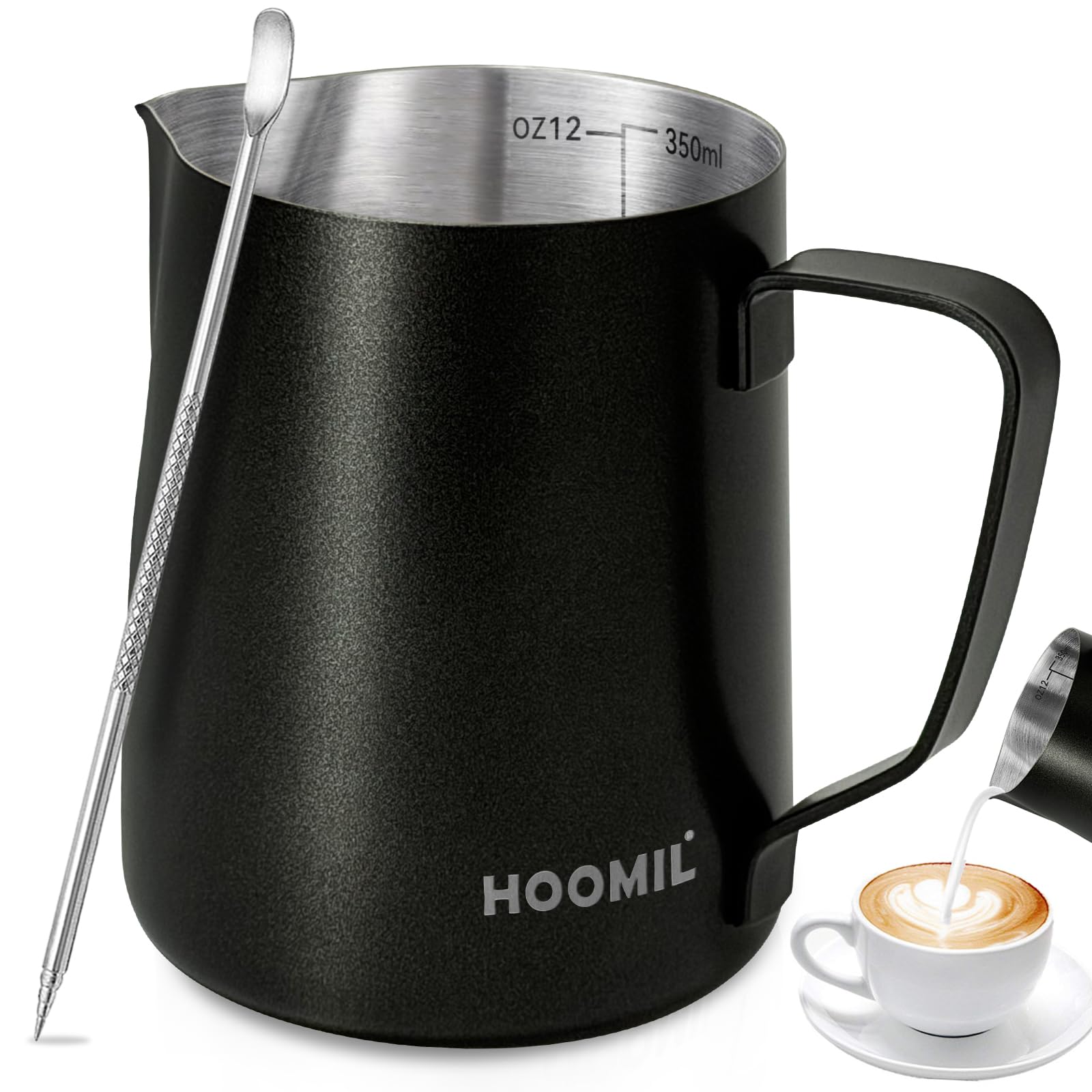 HOOMIL Milk Frothing Pitcher, 12oz, 304 Stainless Steel - Matte Black