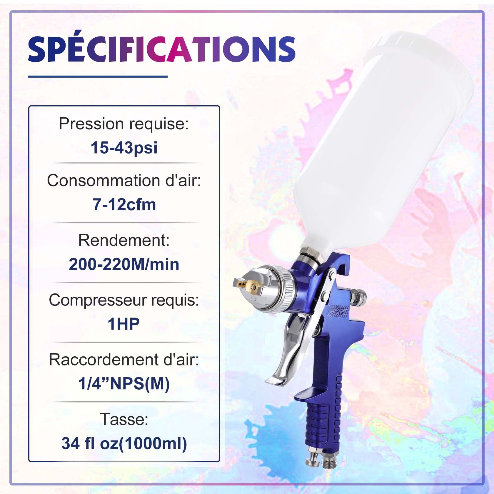 Pindex HVLP Vernice Pistola à Spruzzo con 4 Ugelli 1,4 1,7 2 2,5 mm, HVLP Gravità Pistola à Spruzzo d'Aria con 1000 ml Contenitore per Mobili Recinzione Parete Giardino,Blu