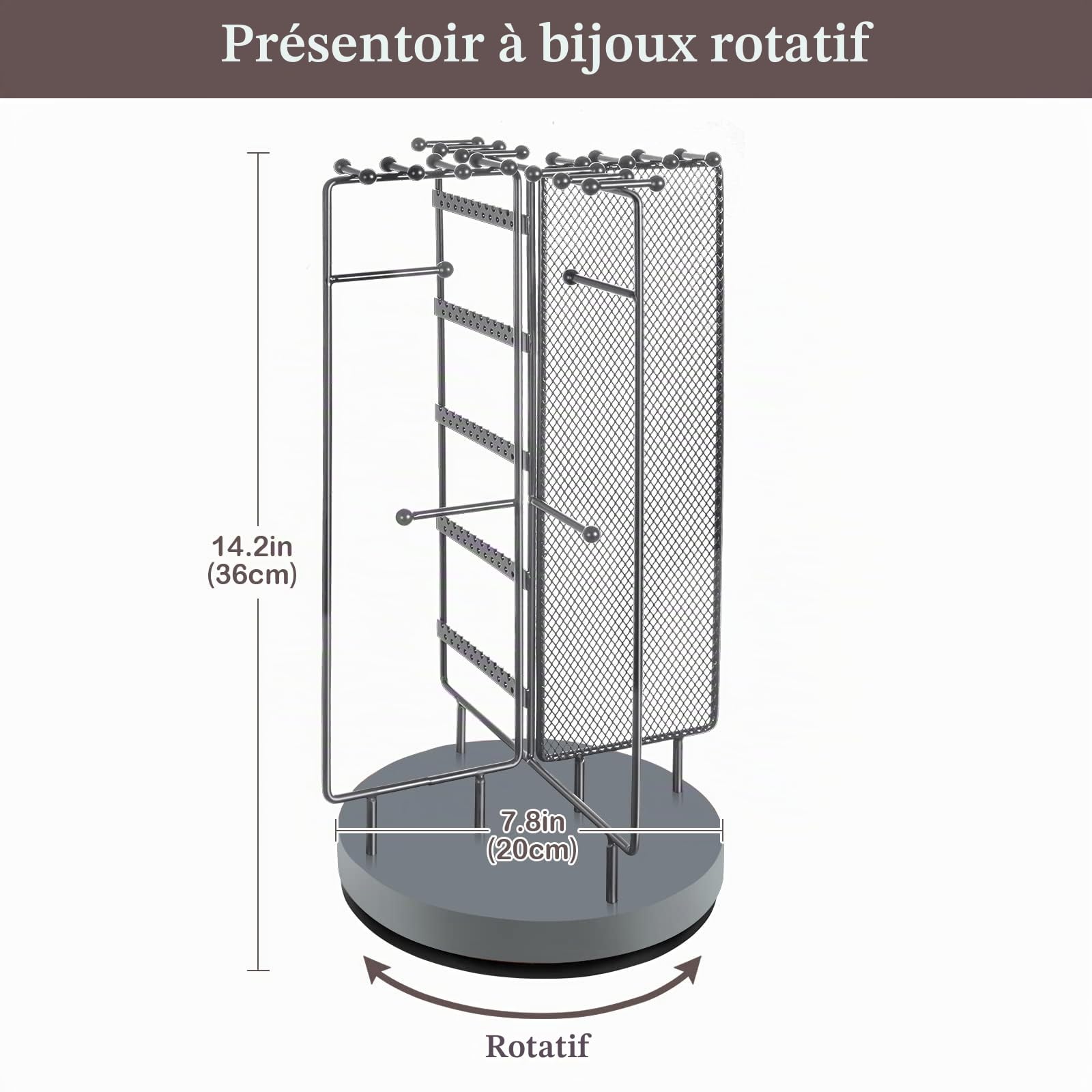 ProCase Porte Bijoux Rotative, Porte Boucle d’Oreille Collier Bracelet, Présentoir Bijoux en Métal avec Base Pivotante -Gris