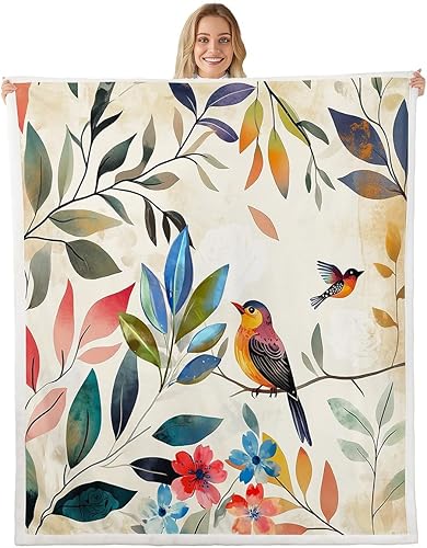 Erosebridal Hummingbirds Fleece Throw Blanket 40"x50" - Ultra-Soft for Couch Sofa Bed,Watercolor Wildlife Sherpa Blanket,Botanical Leaves Flowers