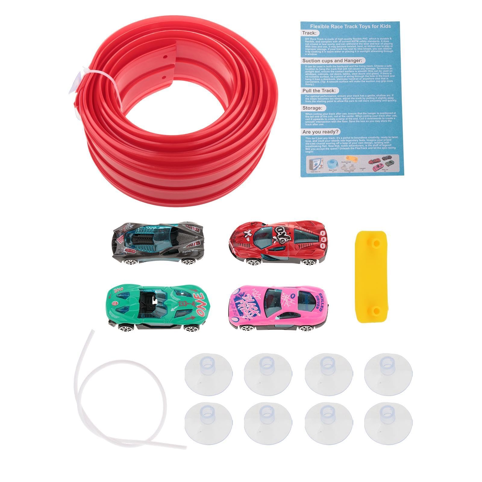 Pista de Carreras Flexible de 4,5 Metros con 4 Coches de Aleación, Kit de Construcción con Ventosas, Juguete Portátil para Niños, Rojo